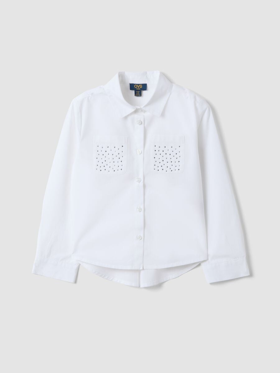 White pure cotton shirt with rhinestones, regular fit, for girls_0