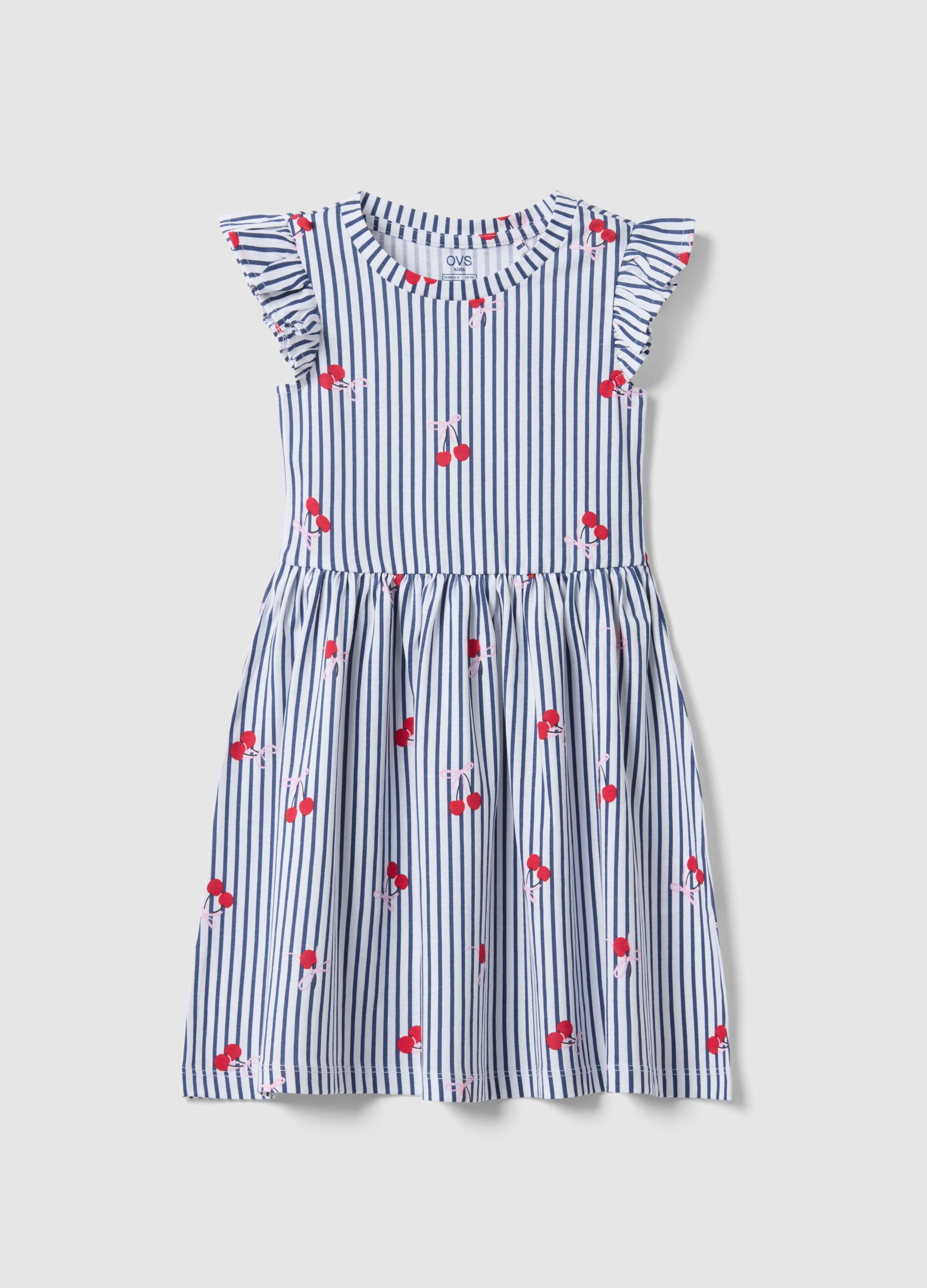 Vestido azul &agrave;s riscas em puro algod&atilde;o com folhos e estampados para menina