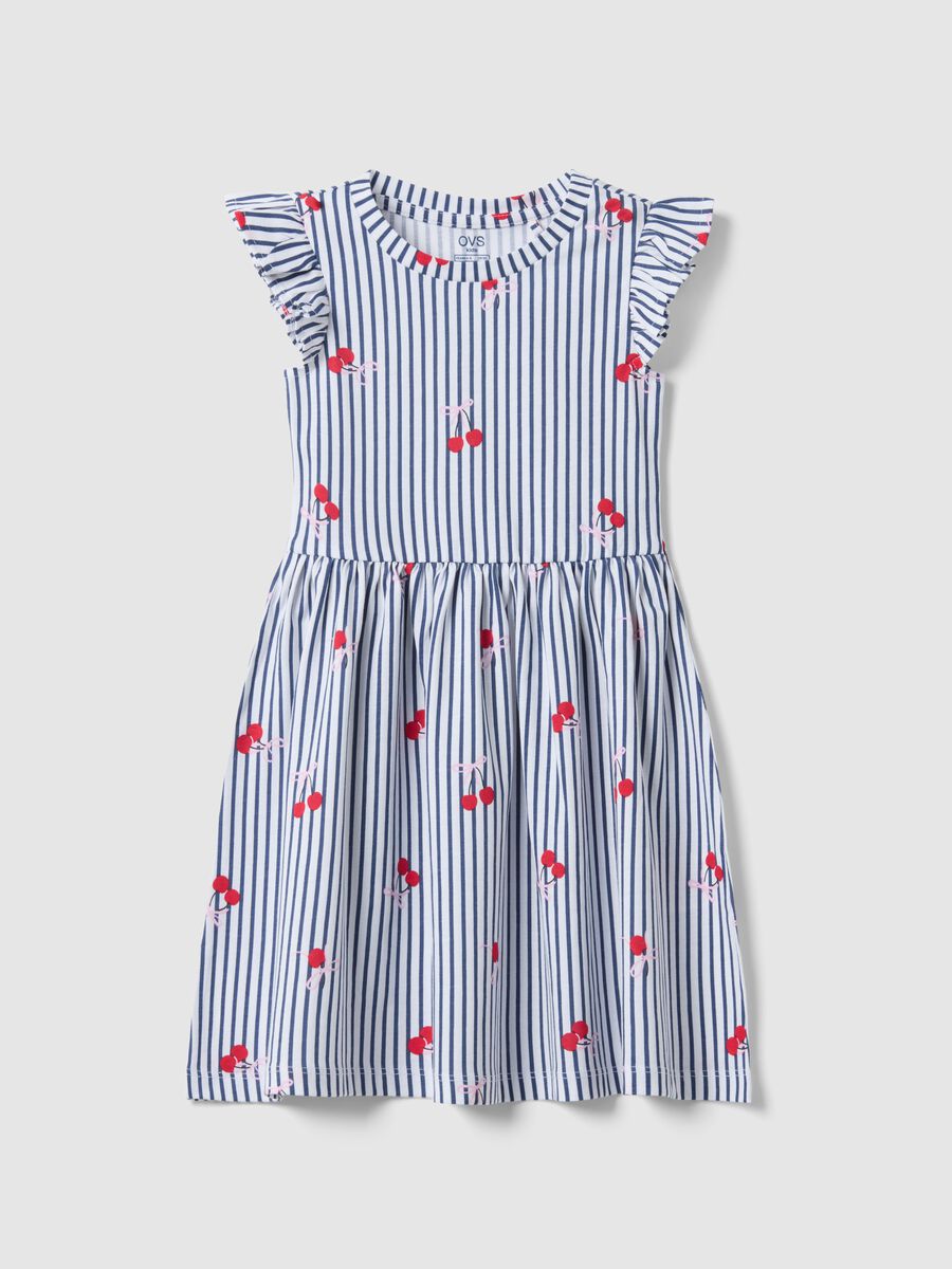 Pure cotton striped blue dress with frills and prints for girls_0