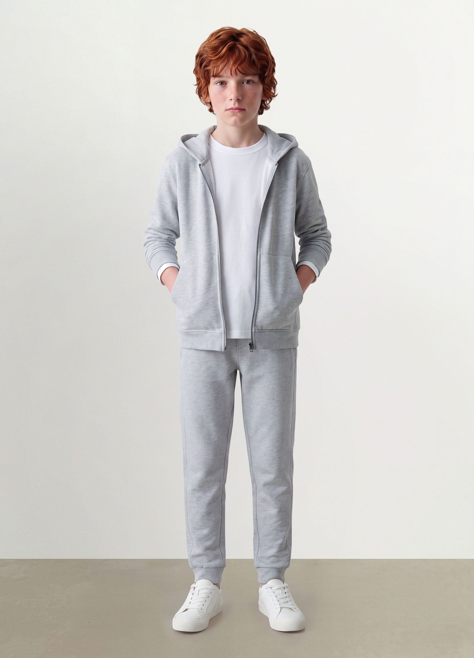 Grey hooded zip-up sweatshirt in pure organic cotton for boys, relaxed fit