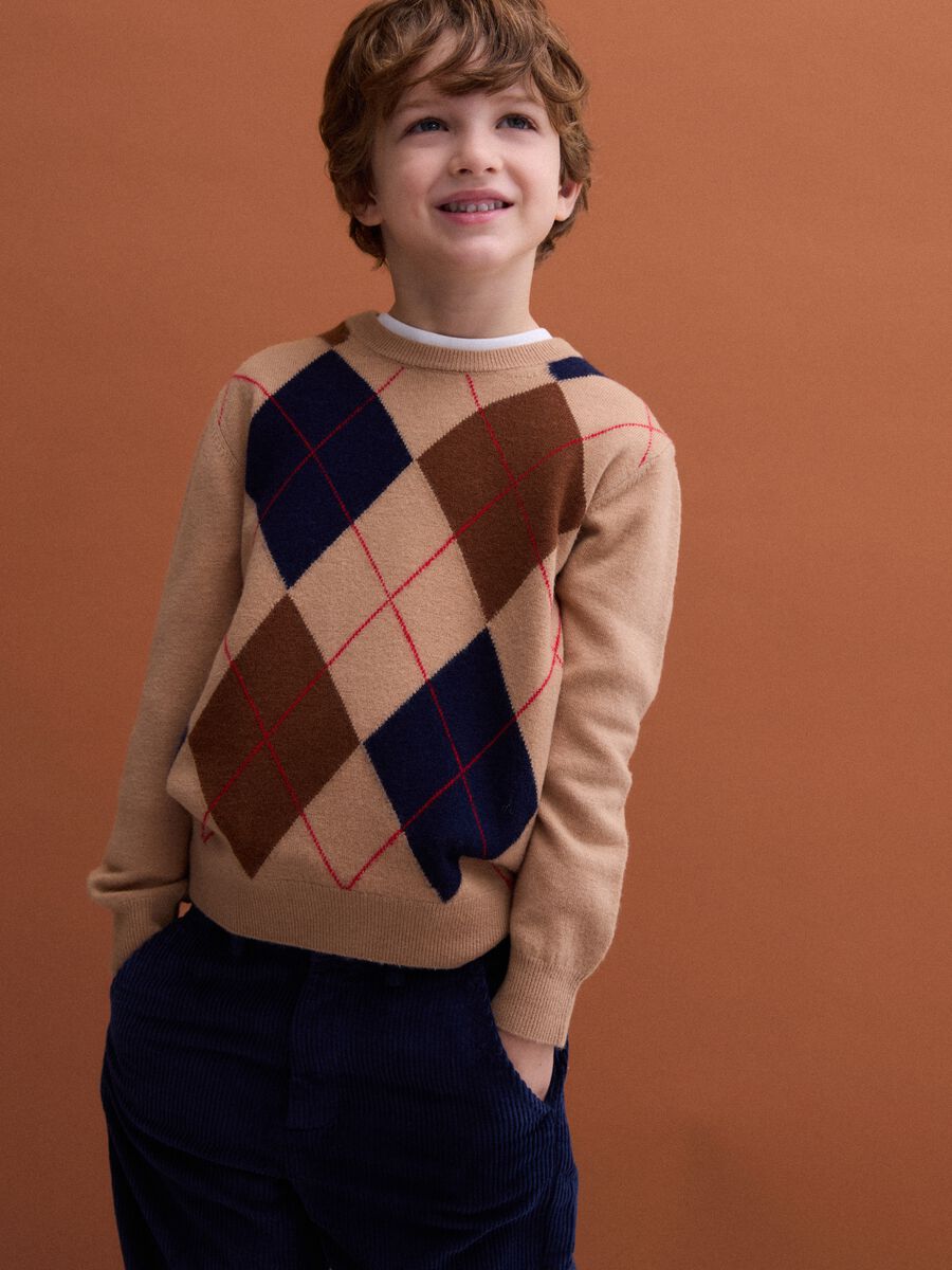 Beige pure wool jumper with jacquard crew neck_1