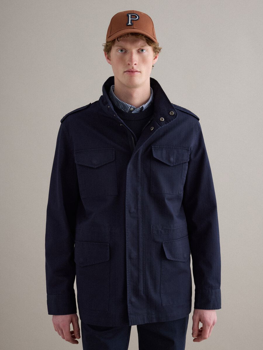 Blue cotton parka jacket regular fit with pockets and zip_0