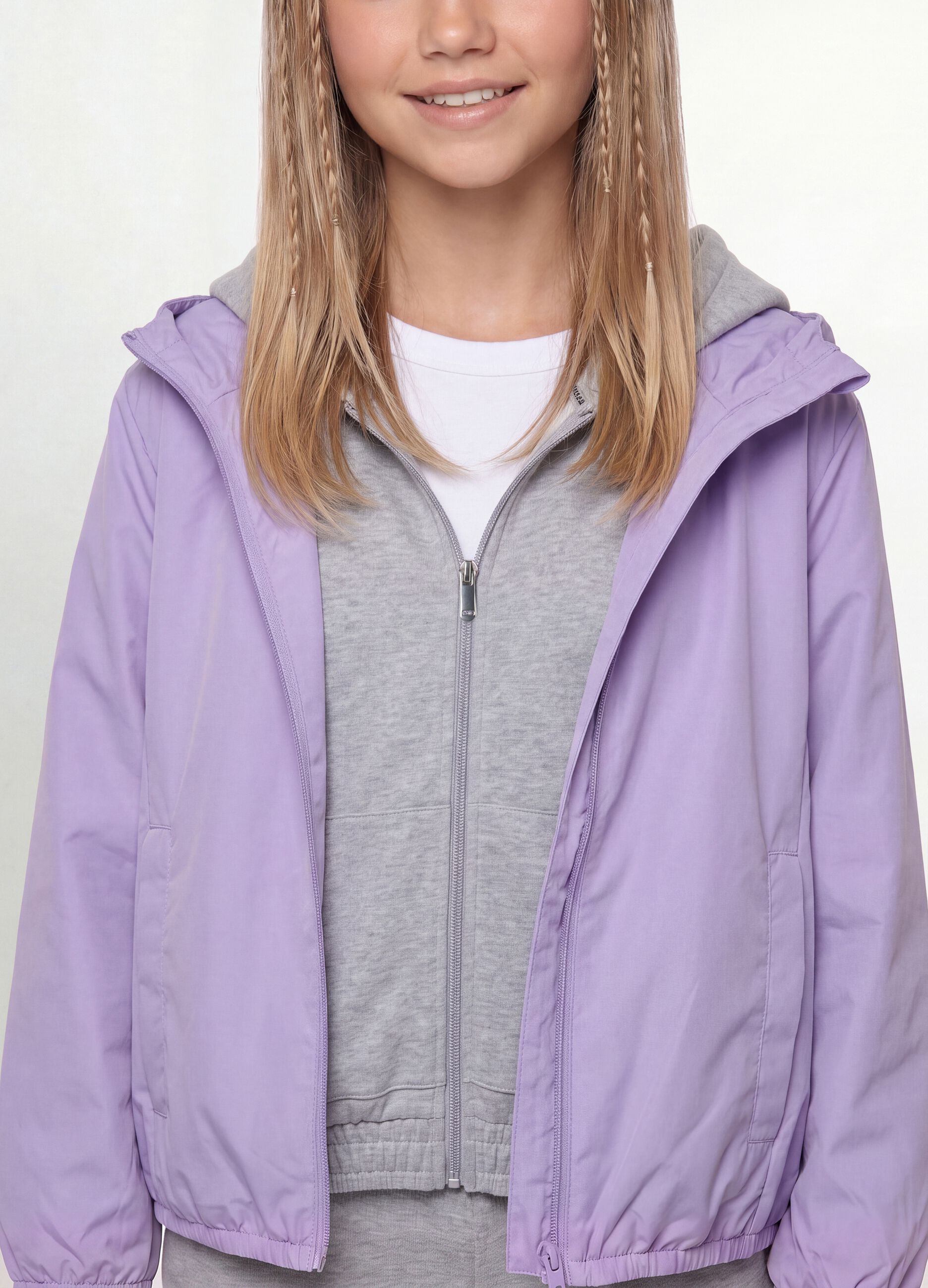 Violette Regenjacke mit Kapuze und Reissverschluss f&uuml;r M&auml;dchen