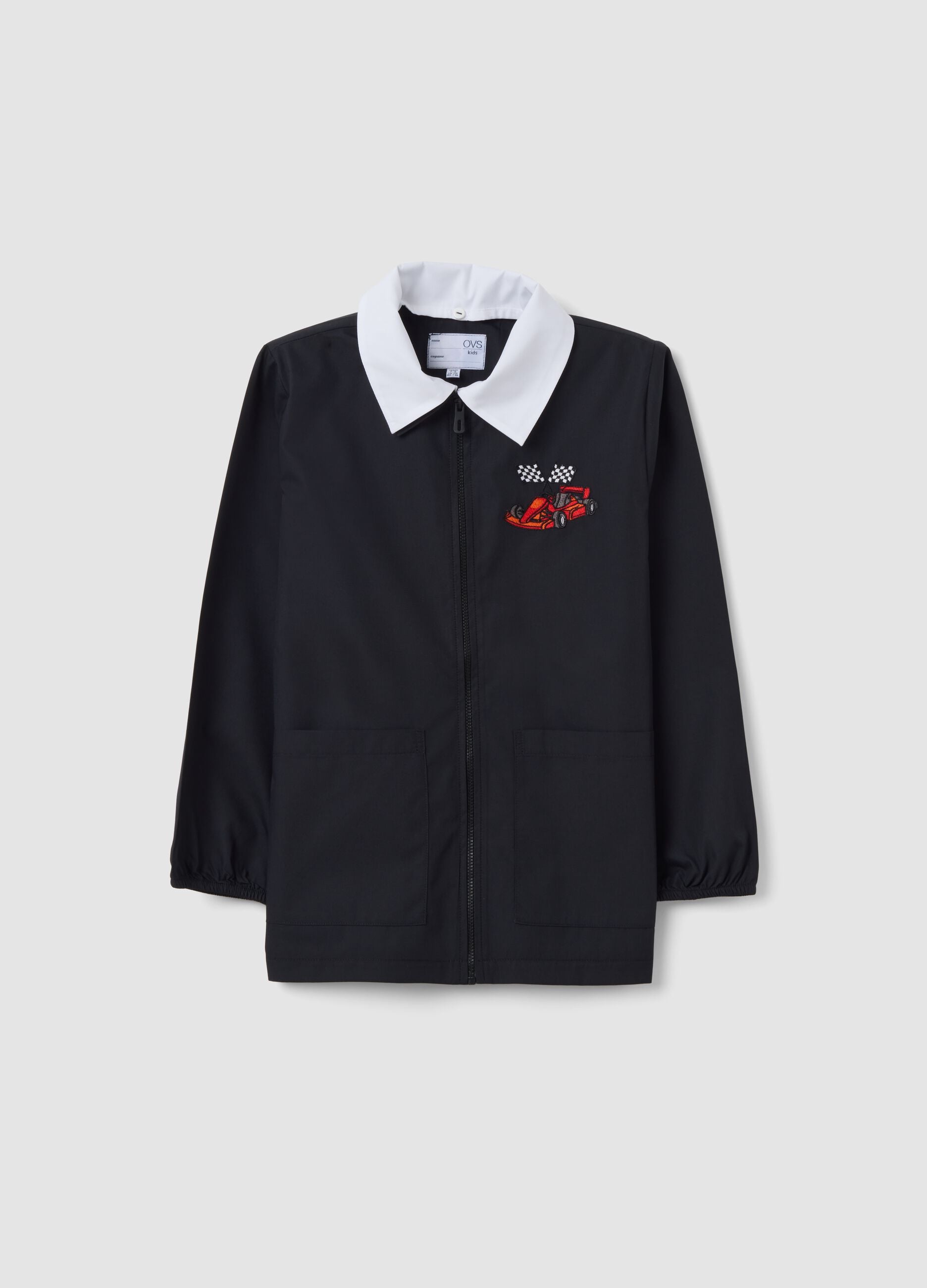 Black school apron with zip and go-kart embroidery for boys