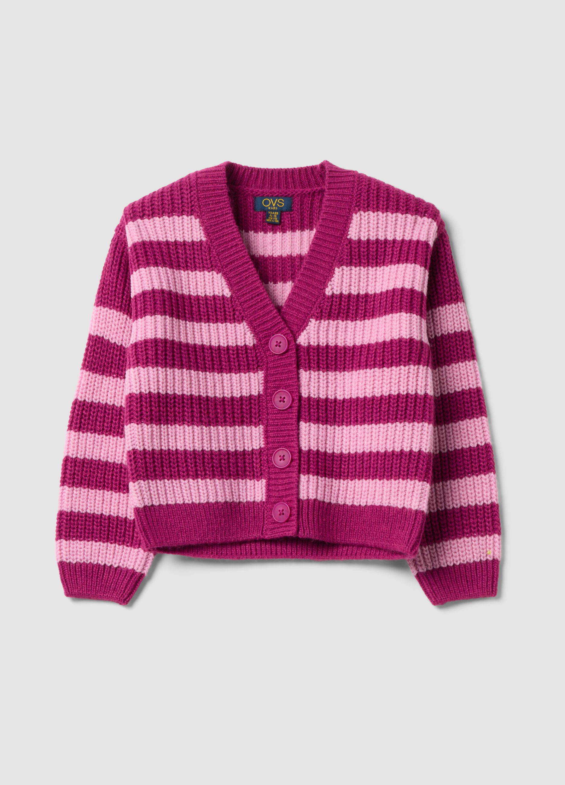 Lila gestreifte Strickjacke mit Rundhalsausschnitt f&uuml;r M&auml;dchen