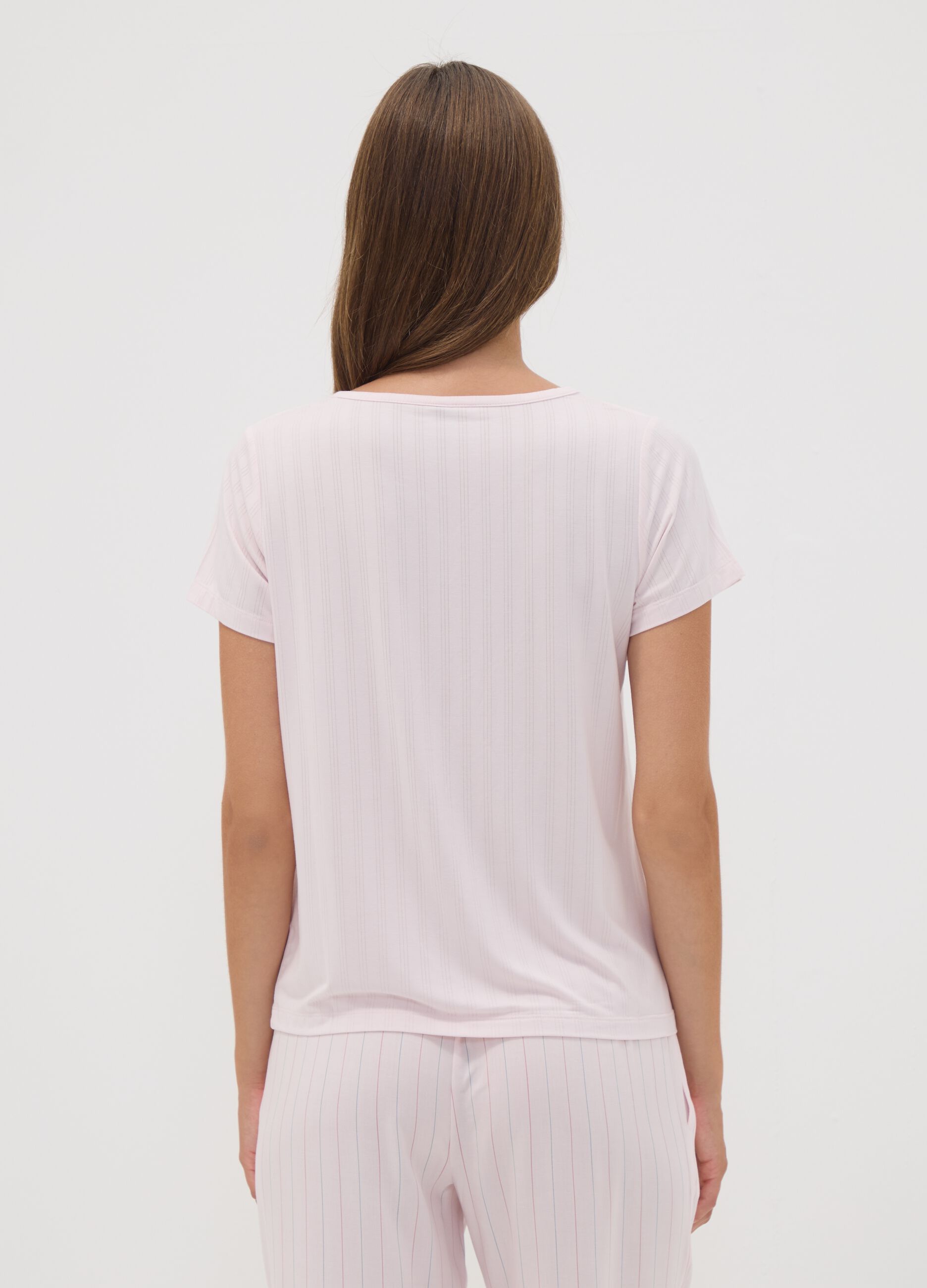 Pink stretch viscose pyjama T-shirt with V-neck