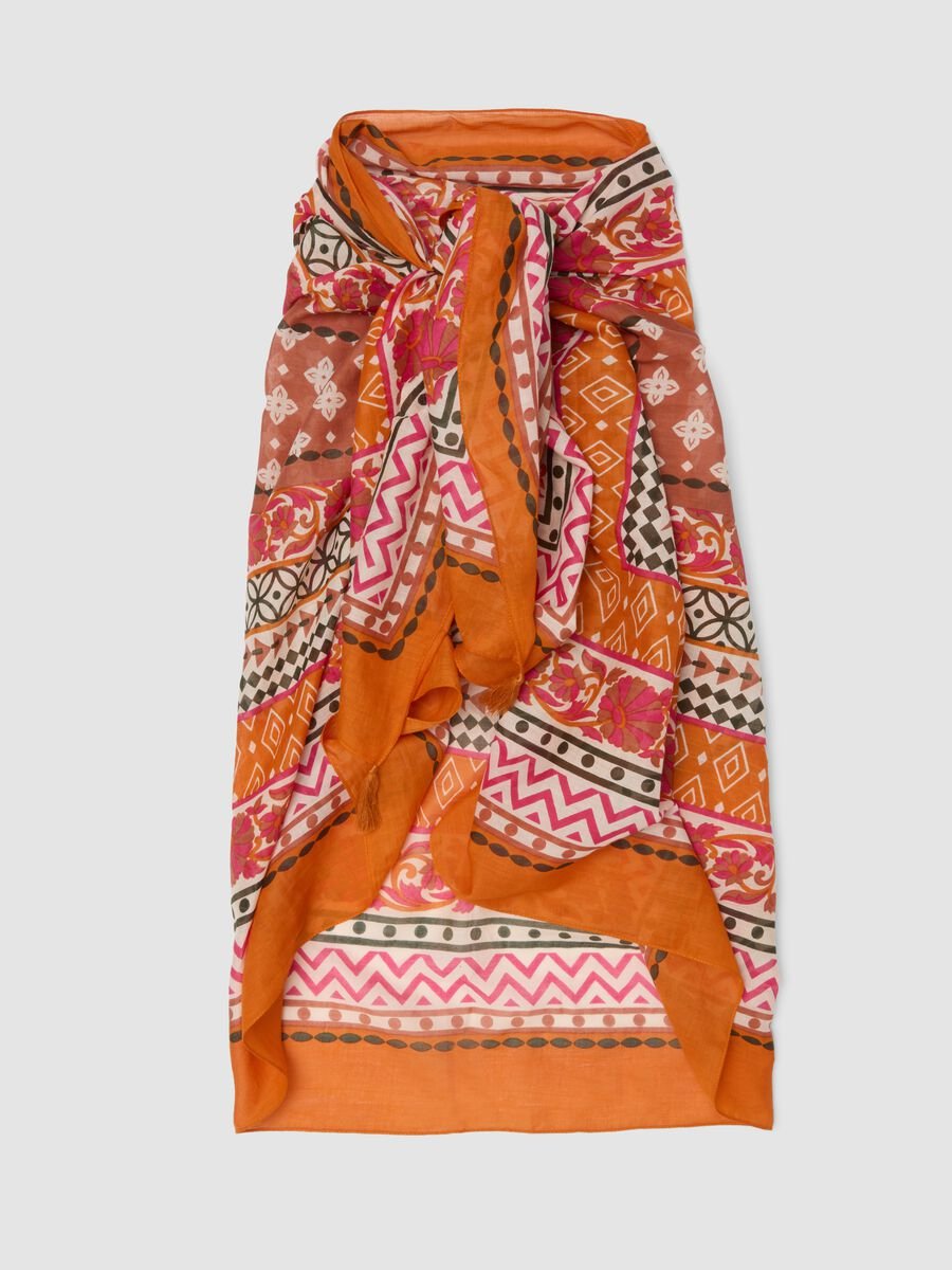 Orange pure cotton pareo with patterned print_0