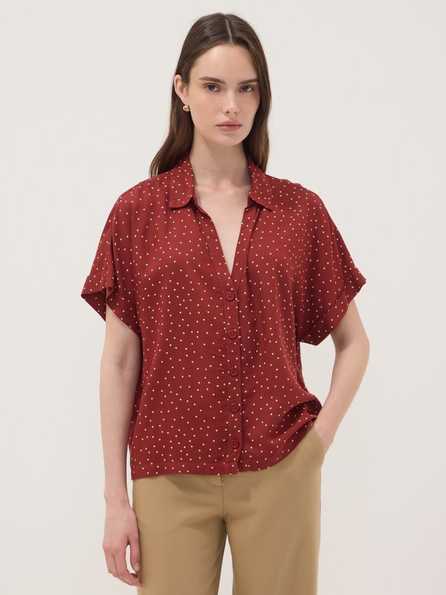 Red polka-dot pure viscose short-sleeved oversized shirt_1