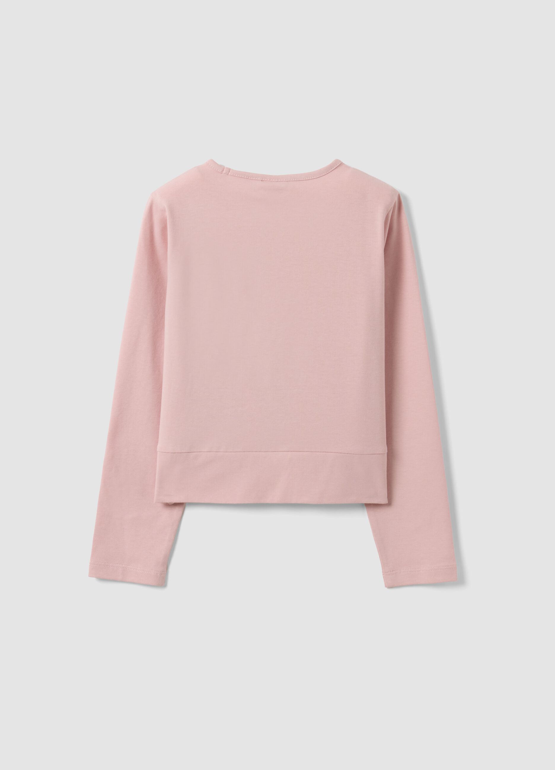 T-shirt rosa in cotone elasticizzato con nodo frontale e stampa per bambina