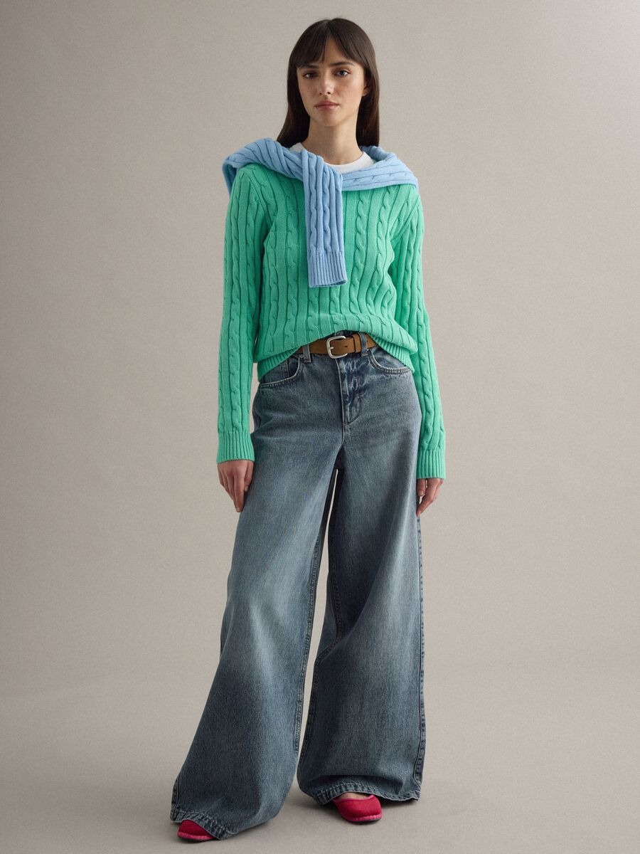 Green pure cotton regular fit sweater with cable knit_1