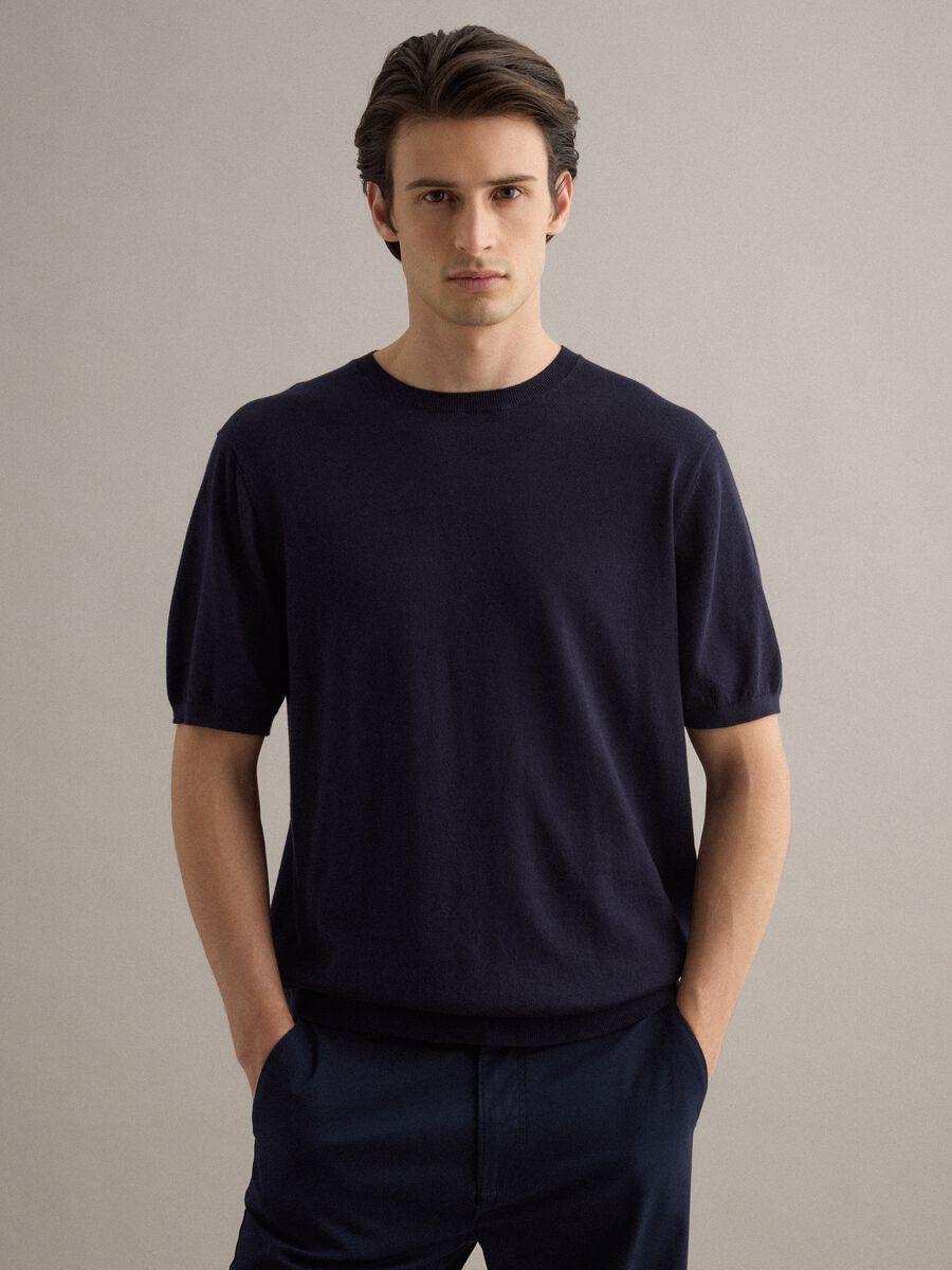 Short-sleeve T-shirt in blue cotton, linen and silk blend regular fit_2