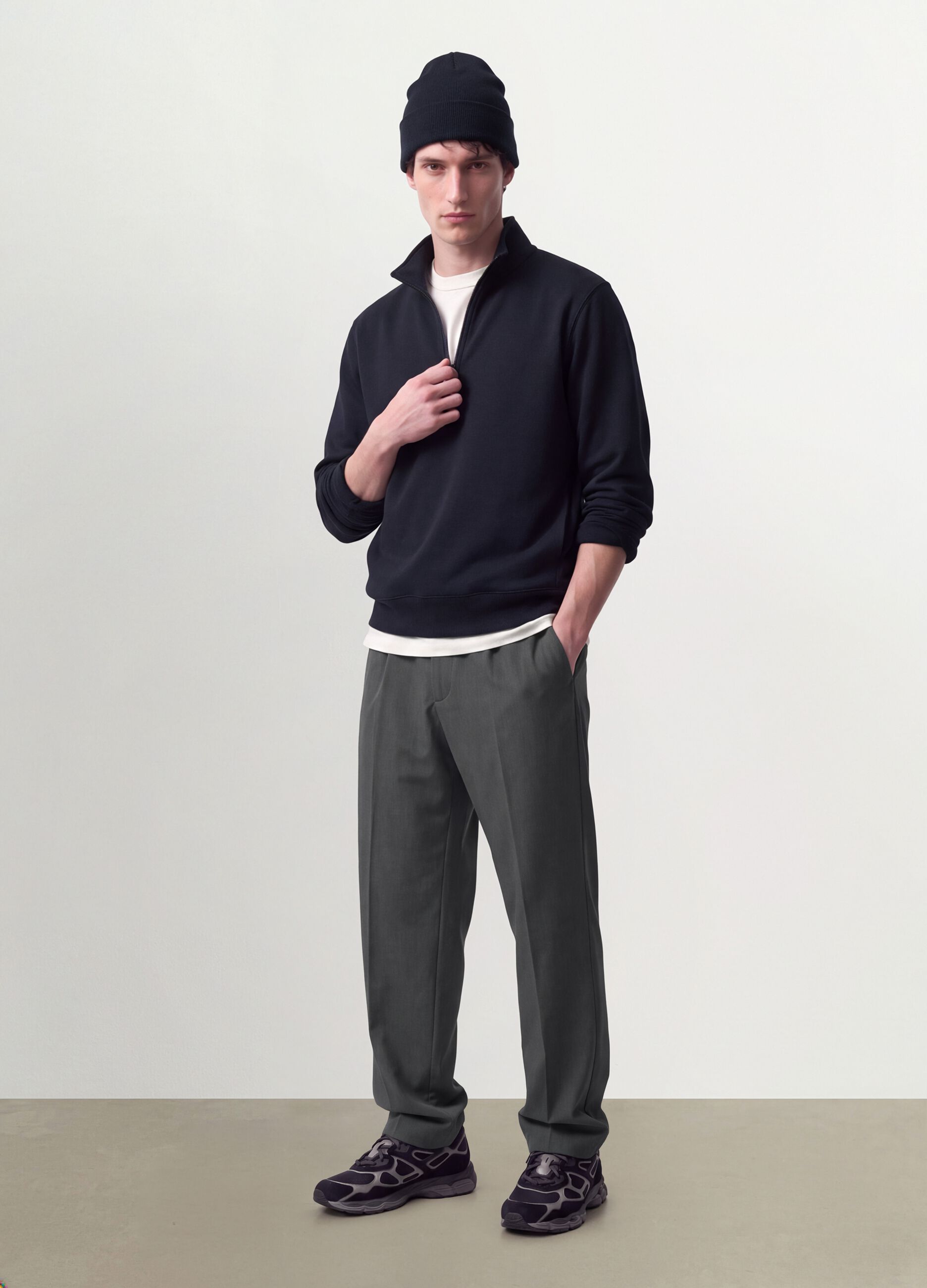 Blue cotton-blend half-zip crew-neck sweatshirt