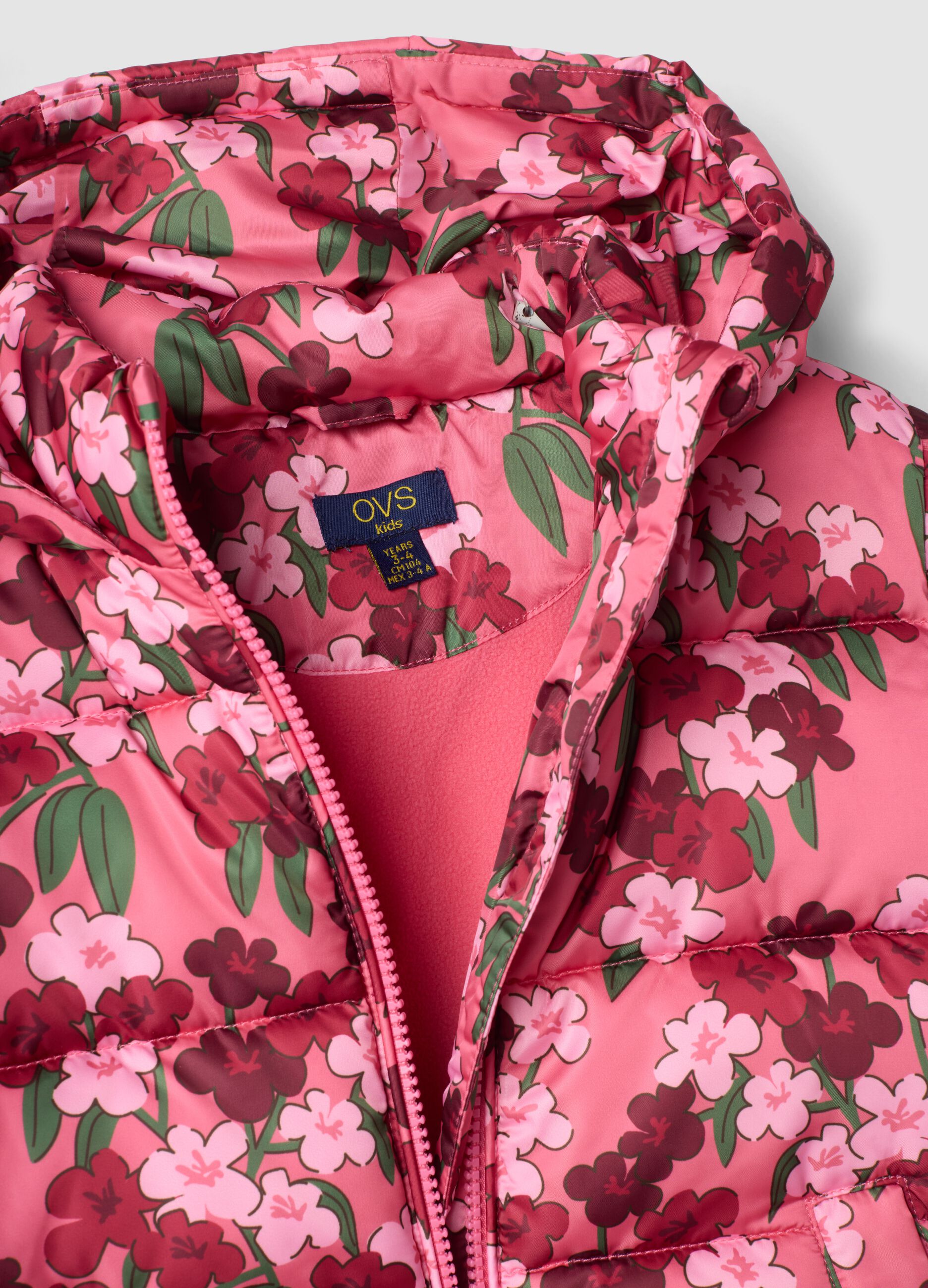 Mehrfarbige, gepolsterte M&auml;dchenjacke mit Blumenmuster und abnehmbarer Kapuze