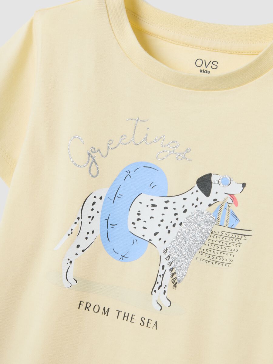 Girls&rsquo; yellow pure organic cotton T-shirt with print and glitter_2