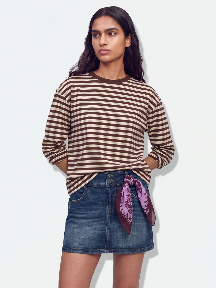 Brown striped pure cotton T-shirt with crew neck, relaxed fit_0