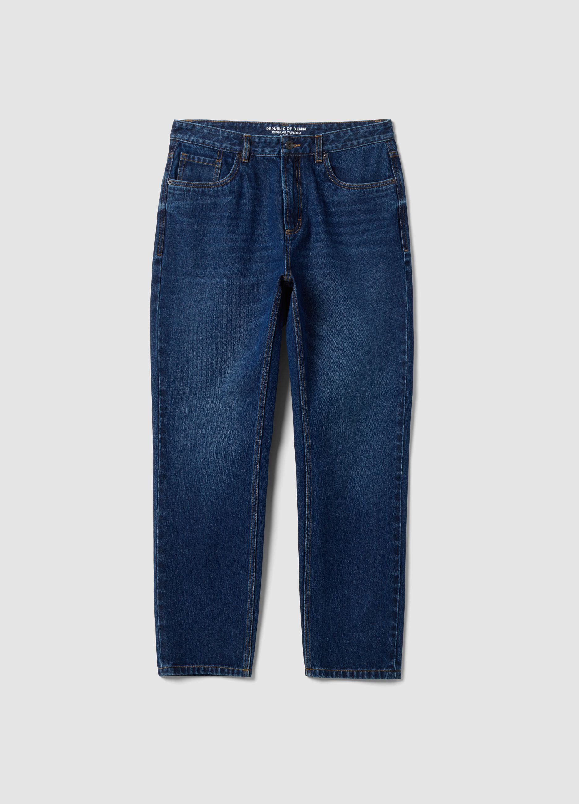 Regular tapered pure cotton denim jeans