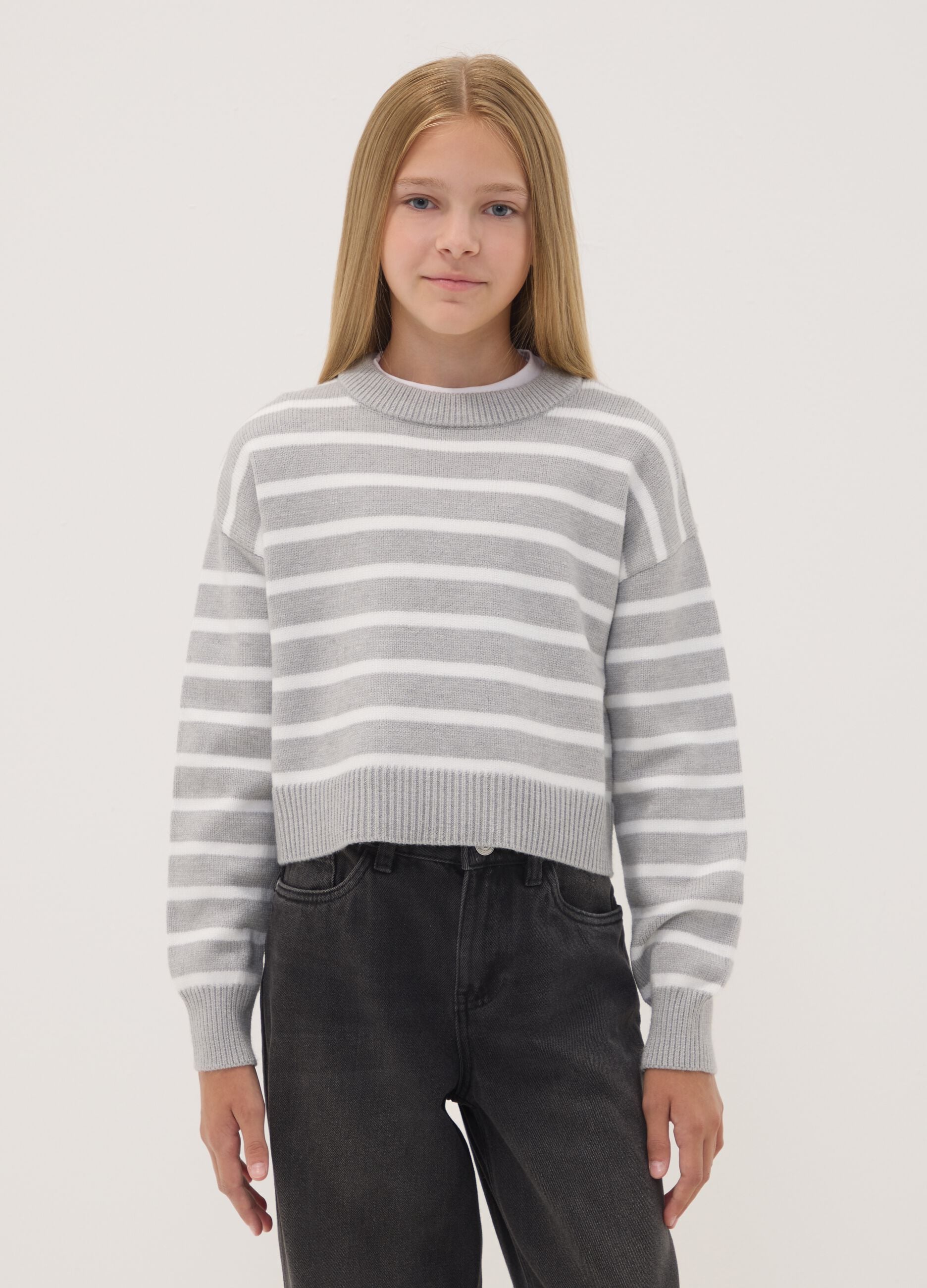 Grey striped viscose-blend crew-neck jumper