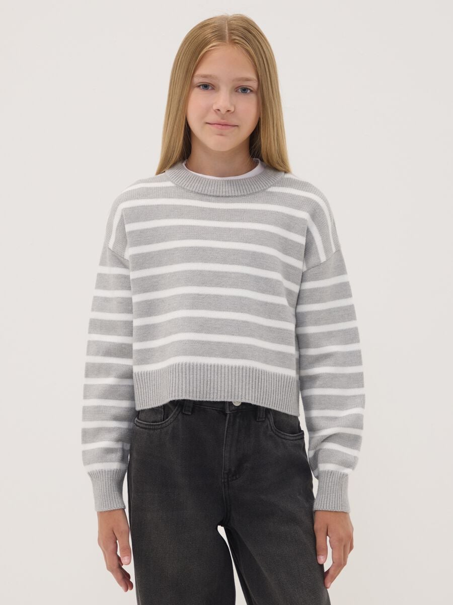 Grey striped viscose-blend crew-neck jumper_0