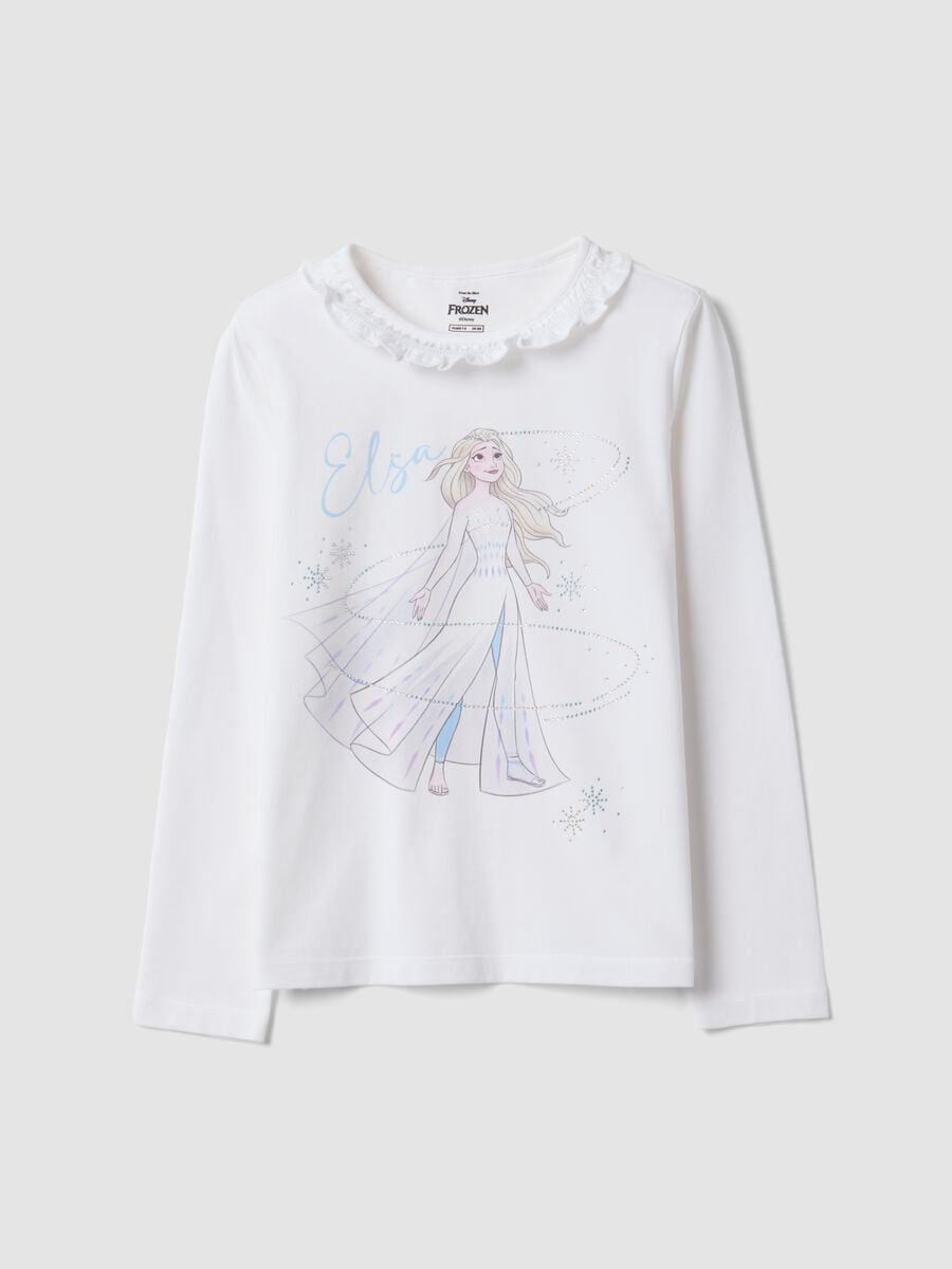 White stretch cotton T-shirt with ruffle neck and Frozen print for girls_0