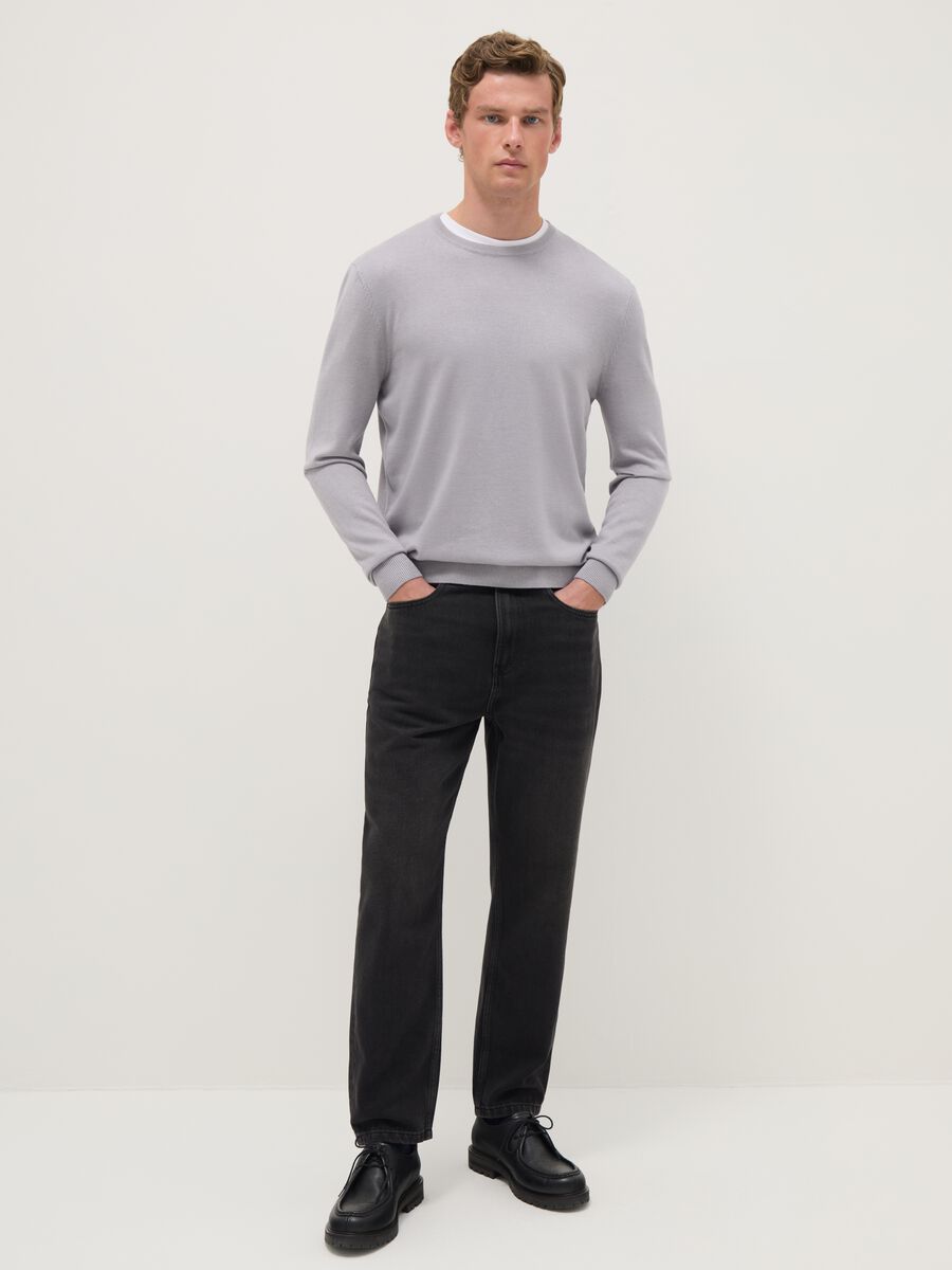 Grey cotton blend crew neck pullover, regular fit_1