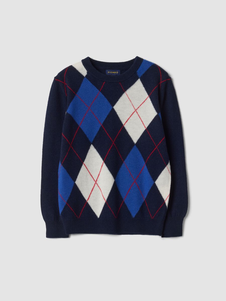 Maglione blu in pura lana con girocollo jacquard_0