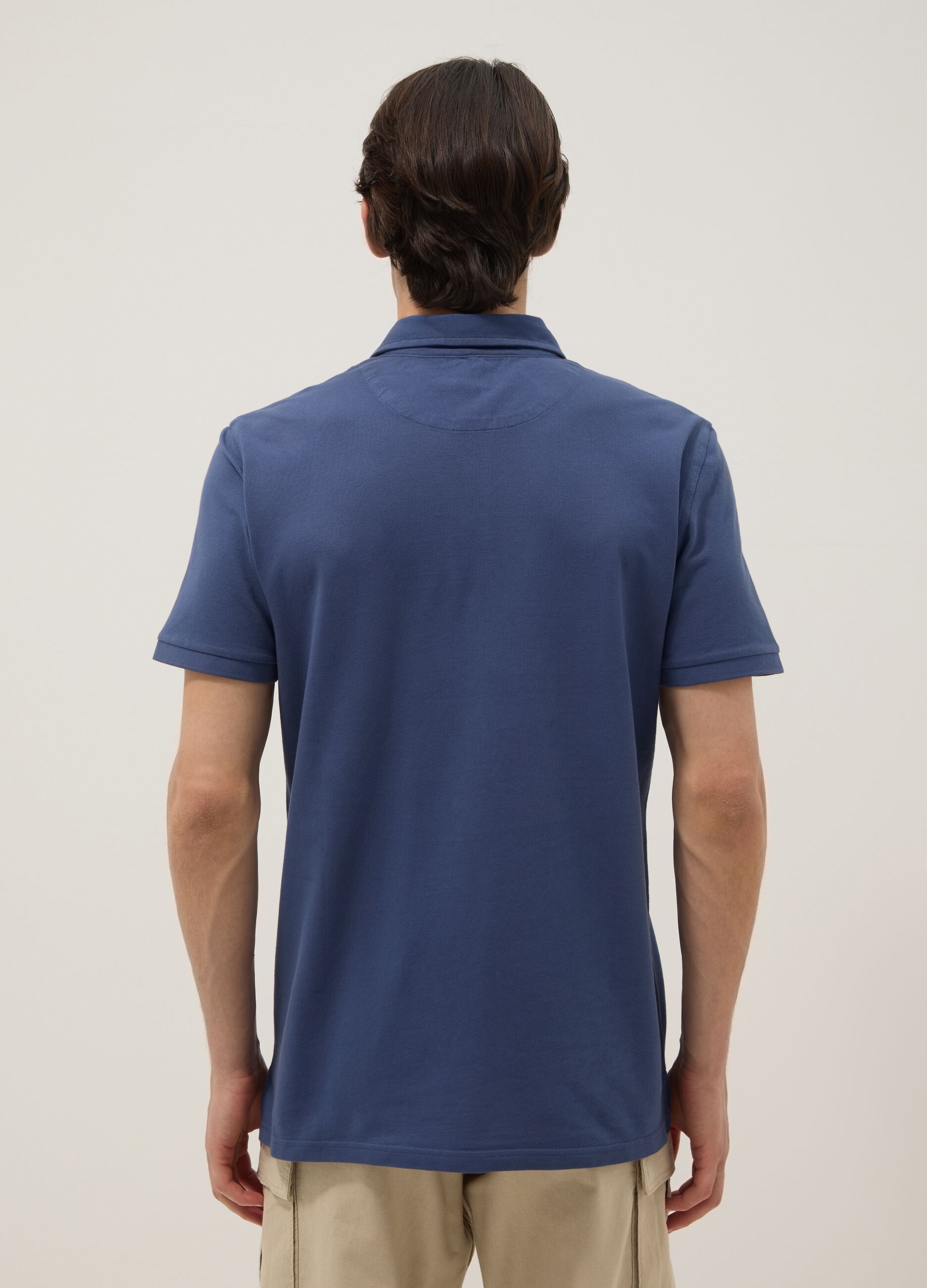 Blue pure cotton slim-fit short-sleeve polo