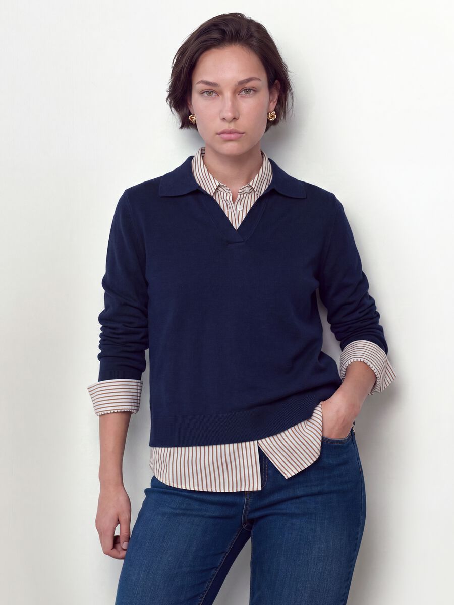 Blue viscose-blend polo-collar jumper with relaxed fit_0