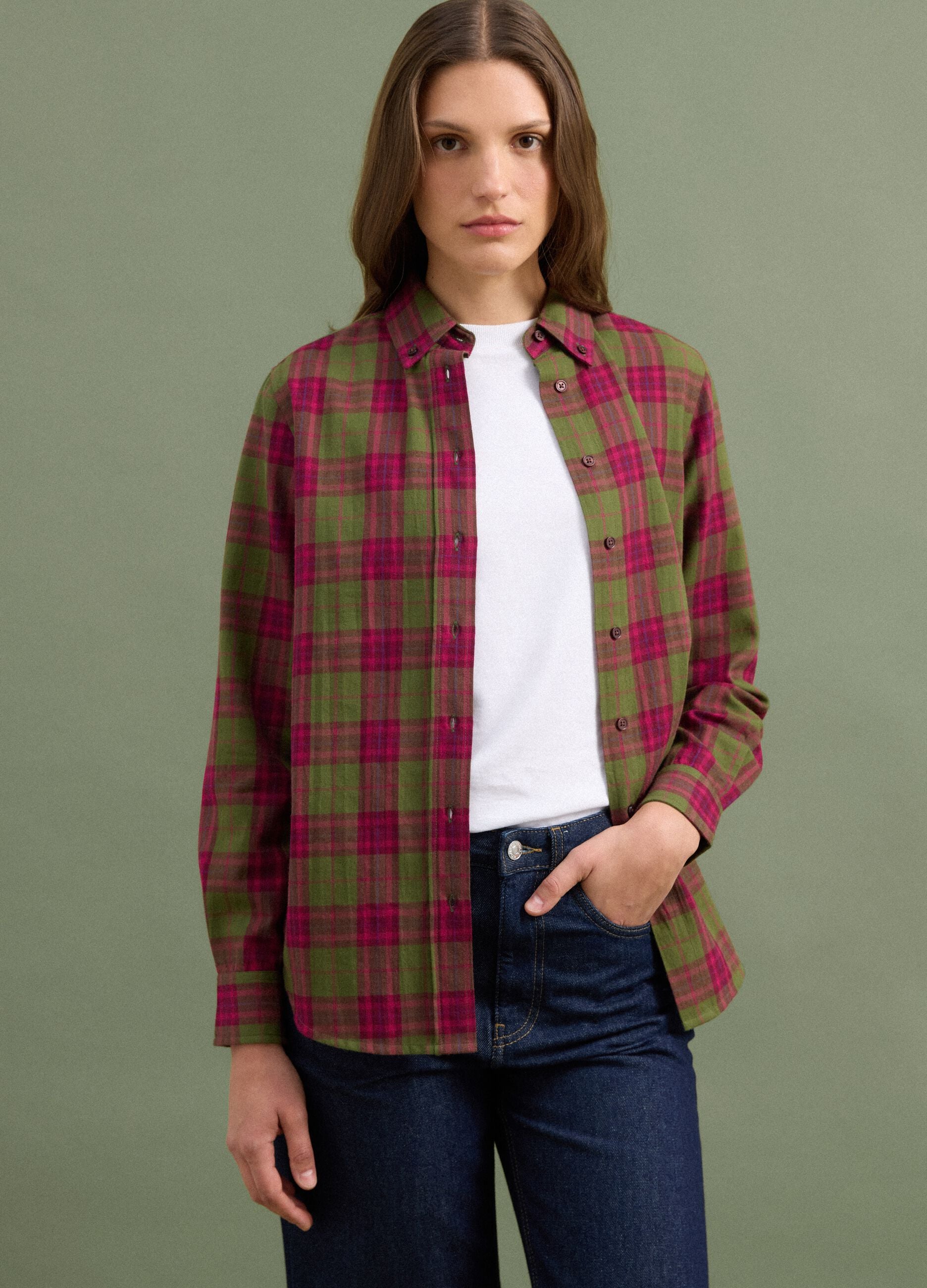 Camicia verde a quadri in flanella di puro cotone regular fit