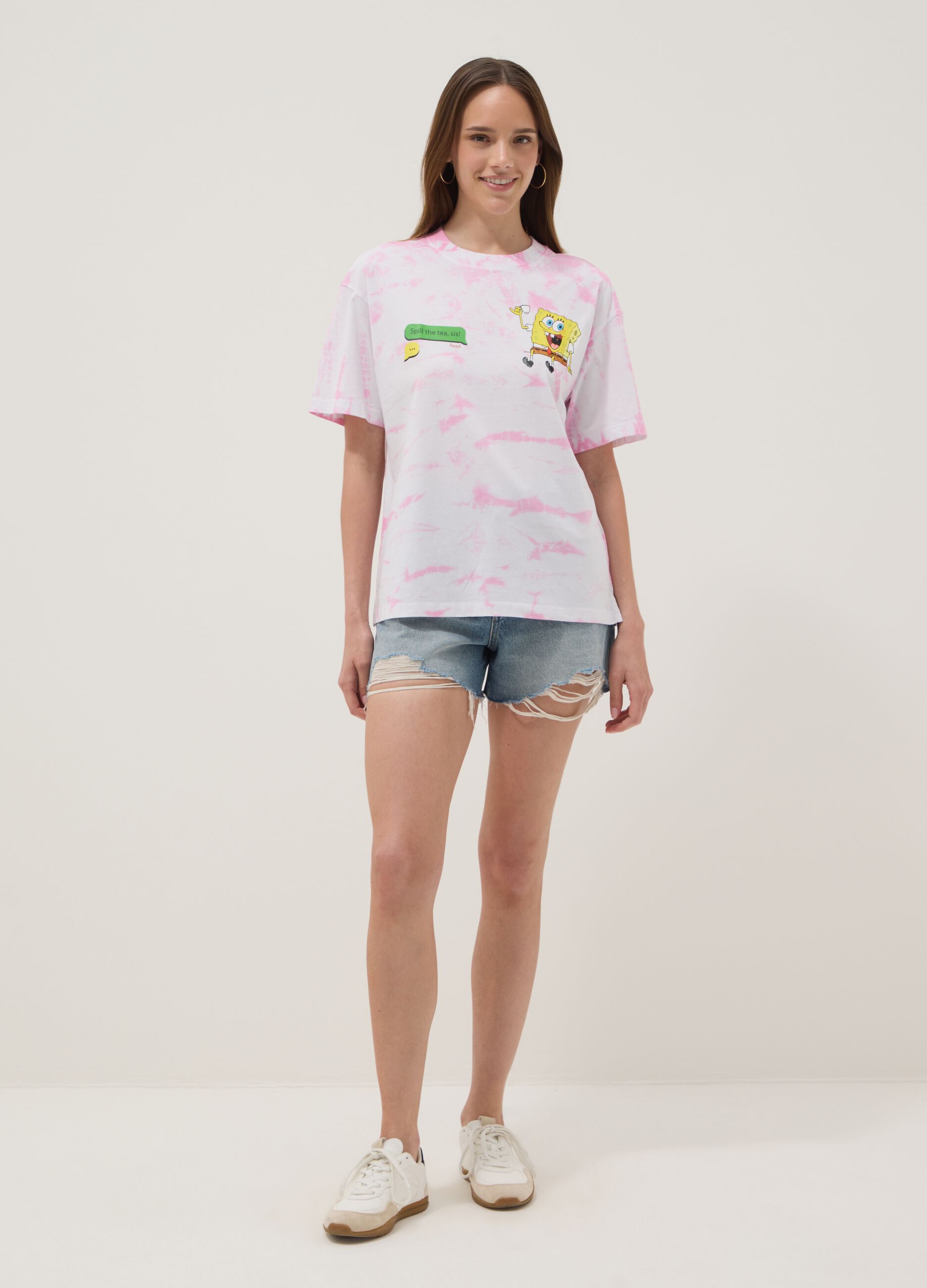 Camiseta multicolorida de algod&atilde;o puro, ajuste regular com estampado SpongeBob