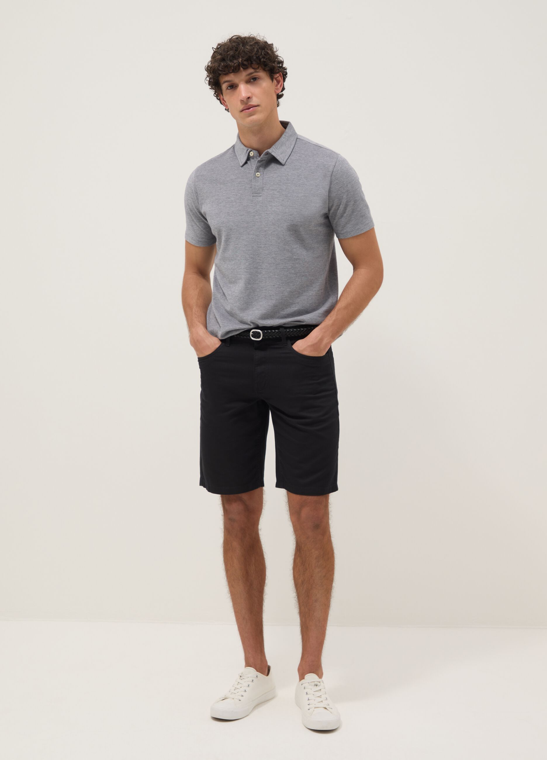 Blue pure cotton regular-fit five-pocket Bermuda shorts