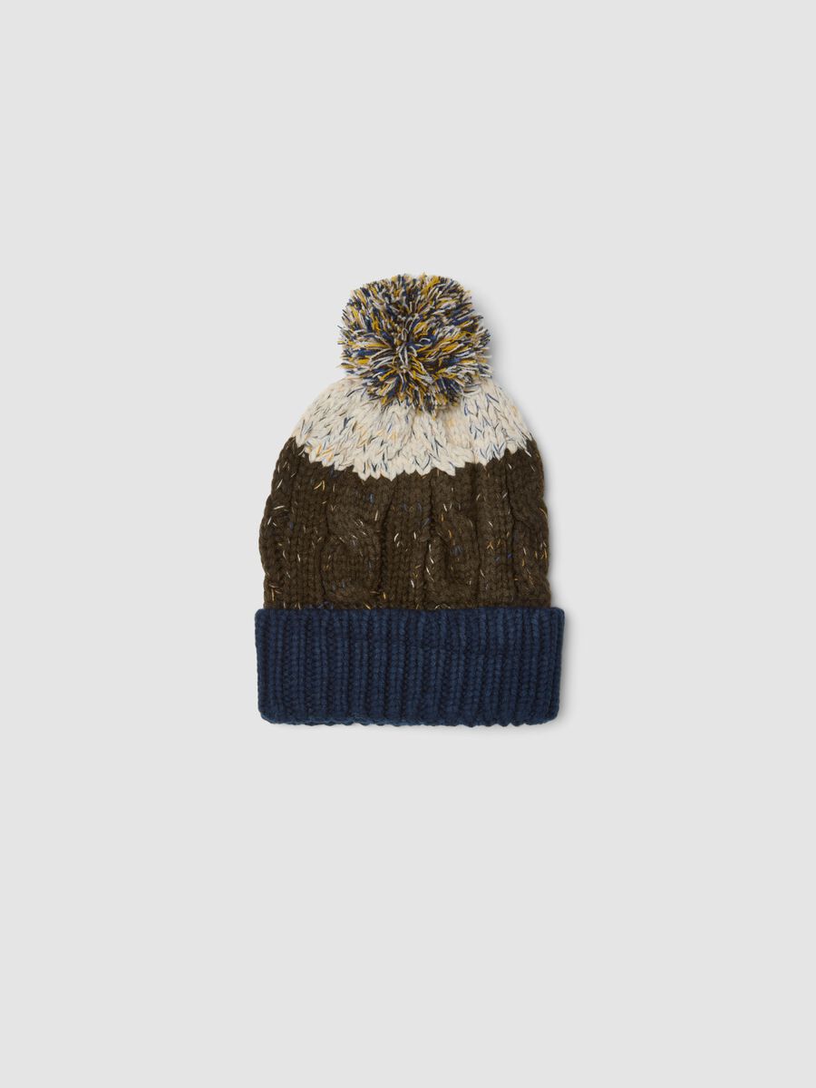 Blue and brown knitted beanie with pom-pom_0