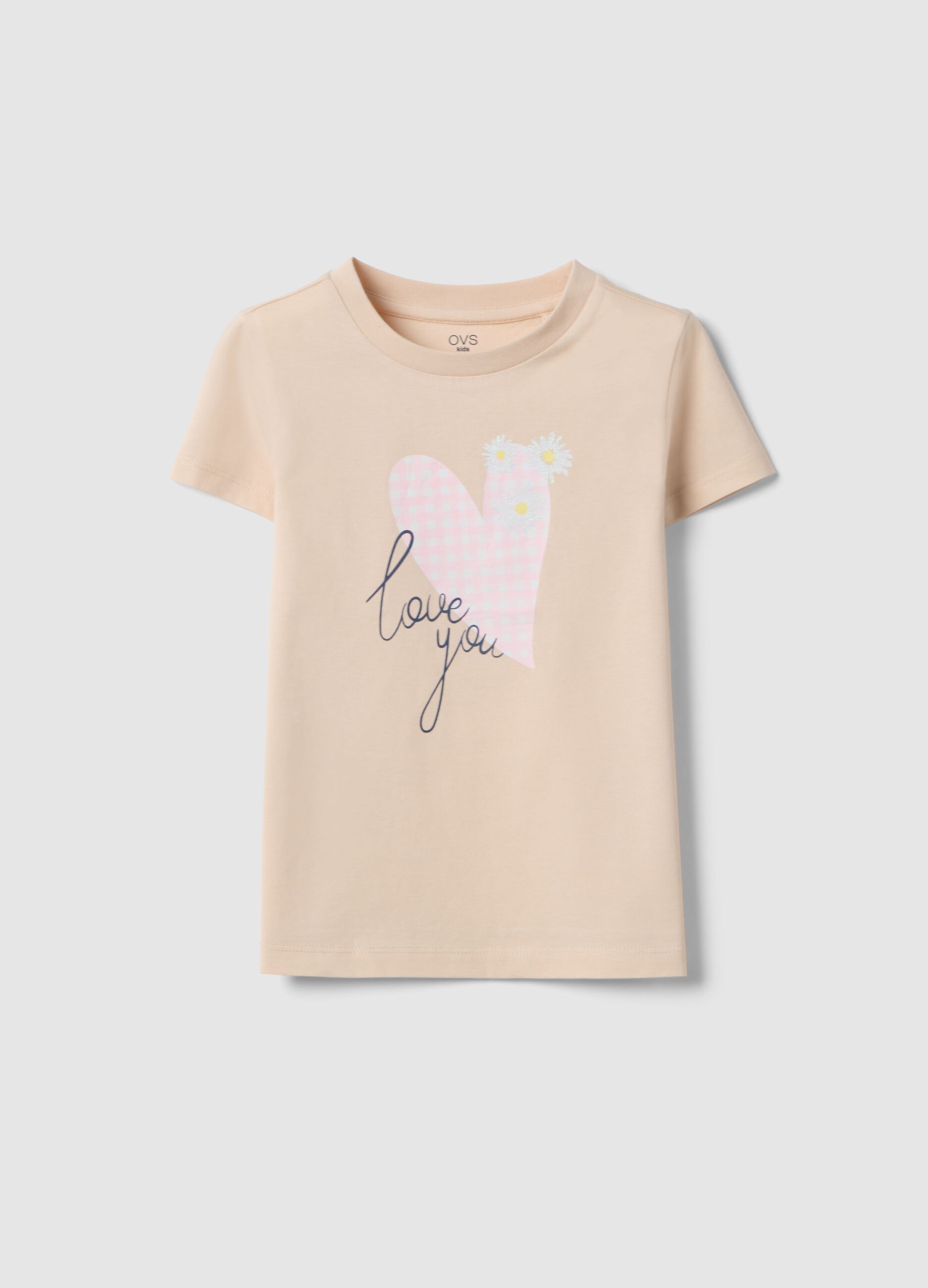 T-shirt bege em algod&atilde;o puro regular fit com estampado para meninas