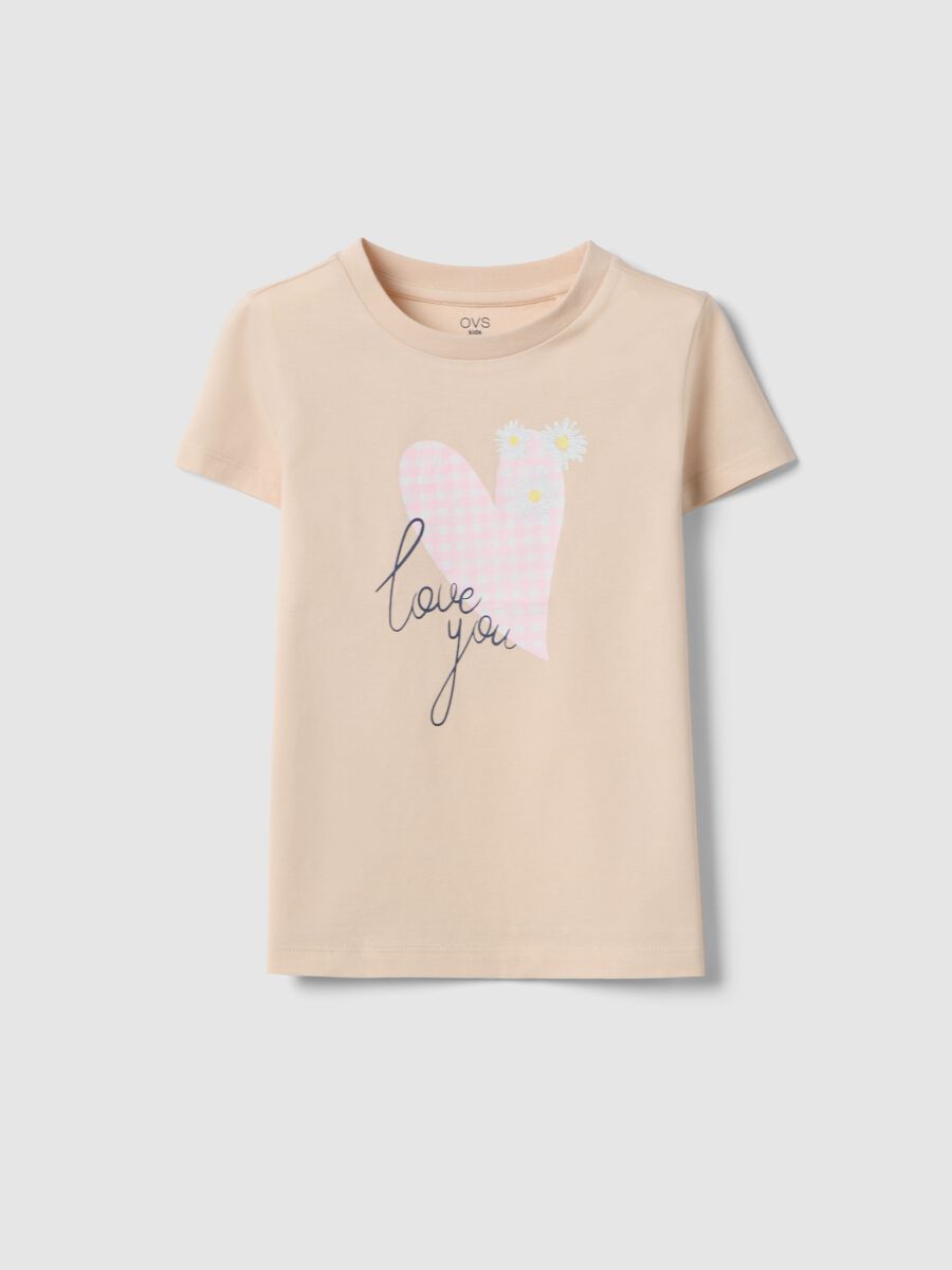 Beige pure cotton regular fit T-shirt with print for girls_0
