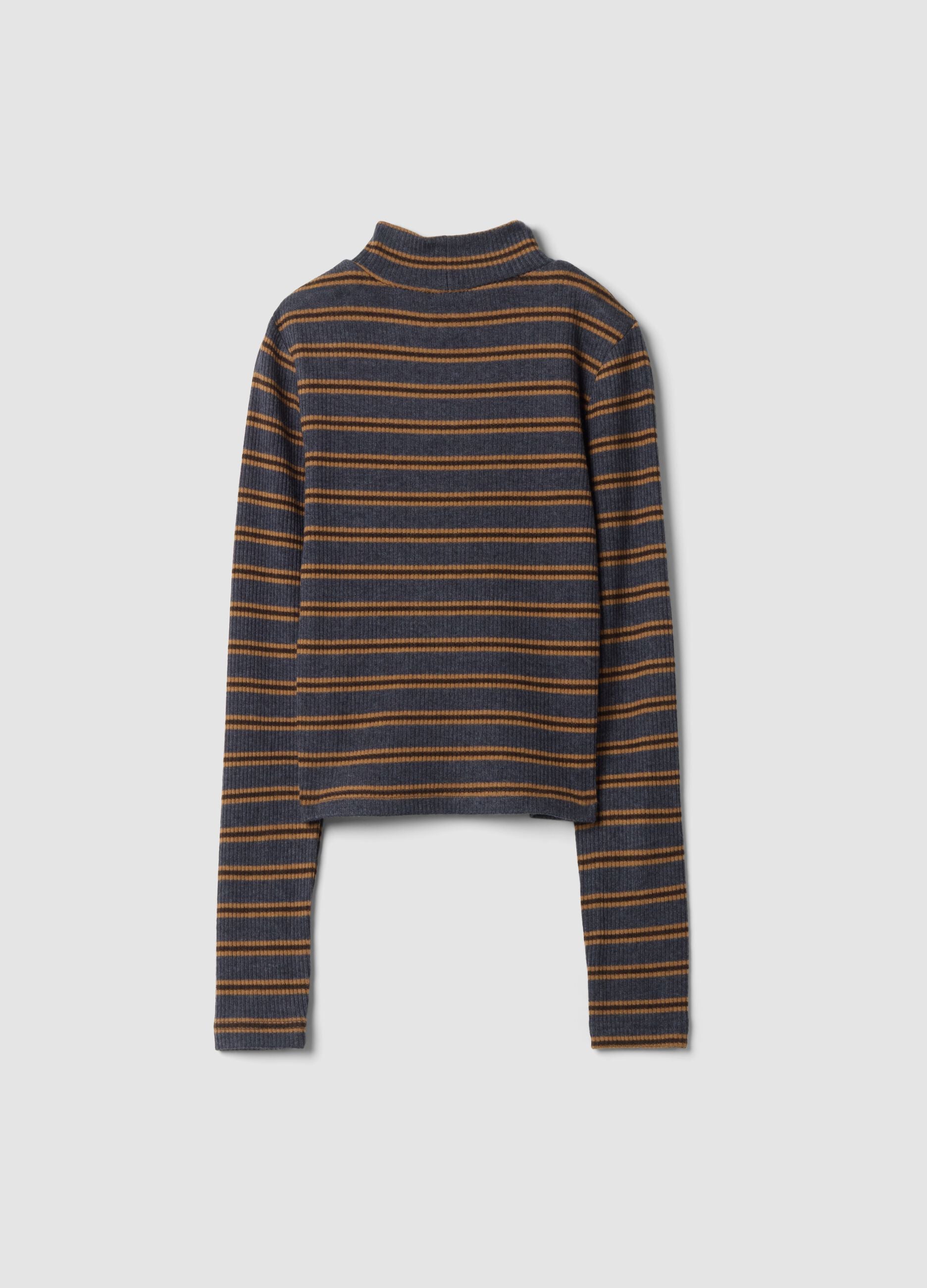 Blue striped stretch-fabric T-shirt with funnel neck