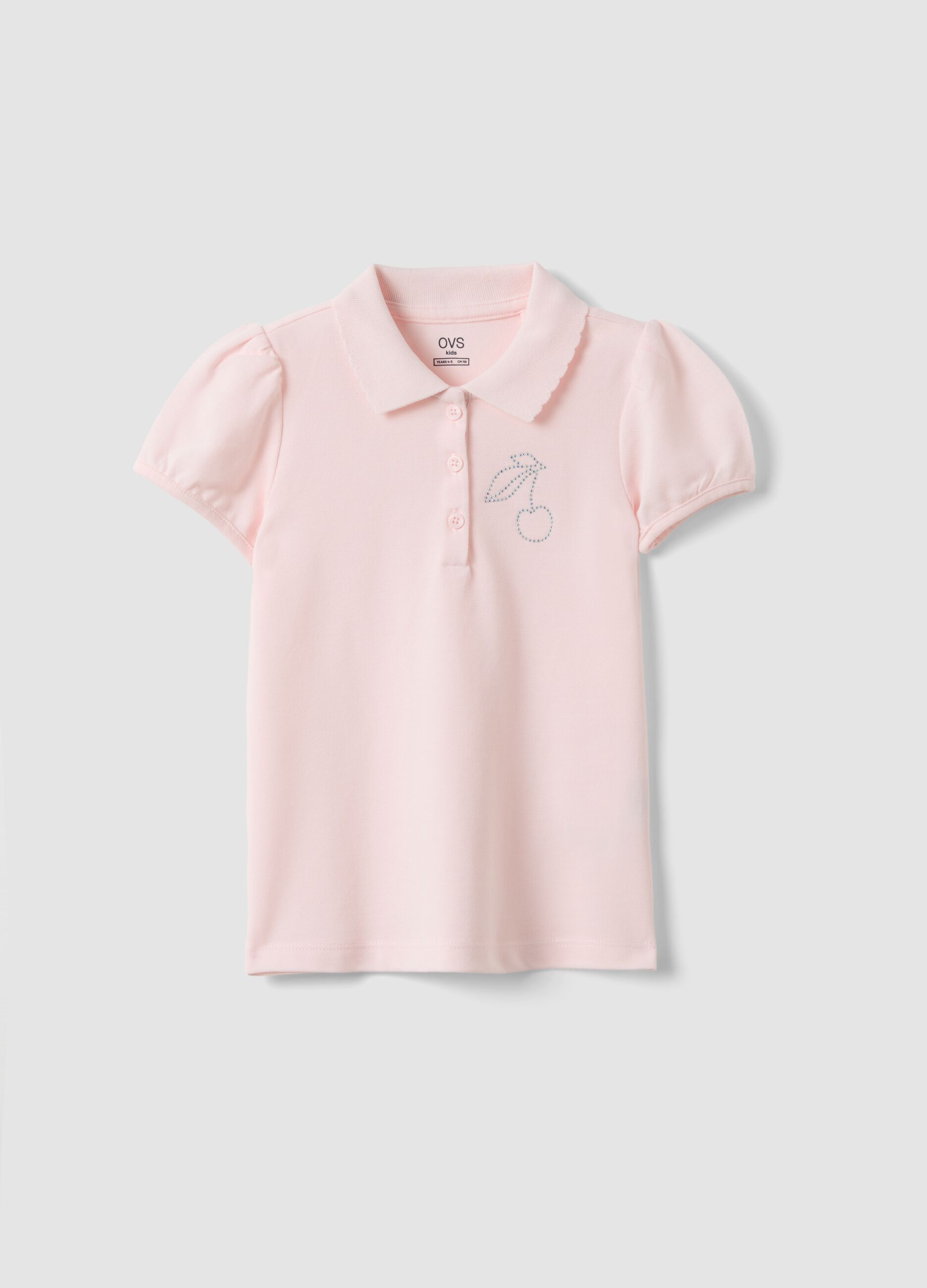 Girls' pink pure cotton polo shirt regular fit with cherry