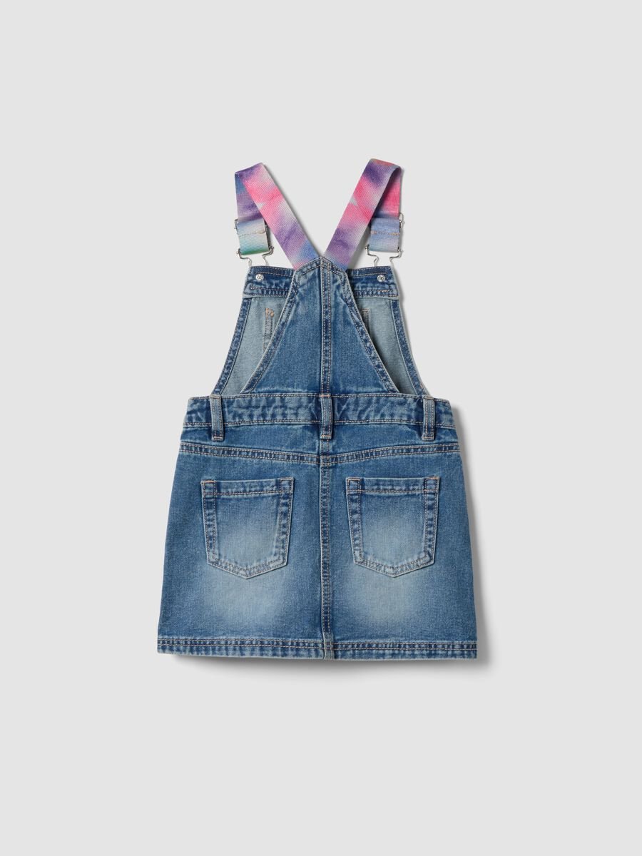 Blaue Denim-Latzhose aus reiner Baumwolle f&uuml;r M&auml;dchen mit bunten Tr&auml;gern_1