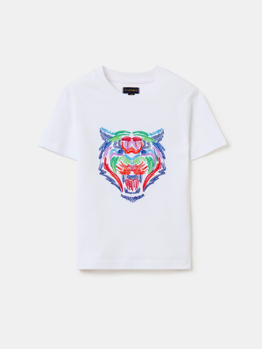 Cotton T-shirt with tiger embroidery_0
