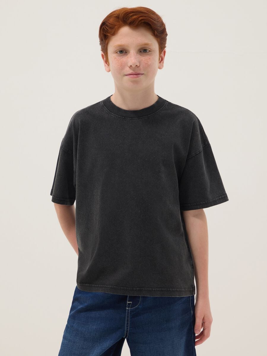 Boys&rsquo; black pure cotton short-sleeve T-shirt, oversized fit_0