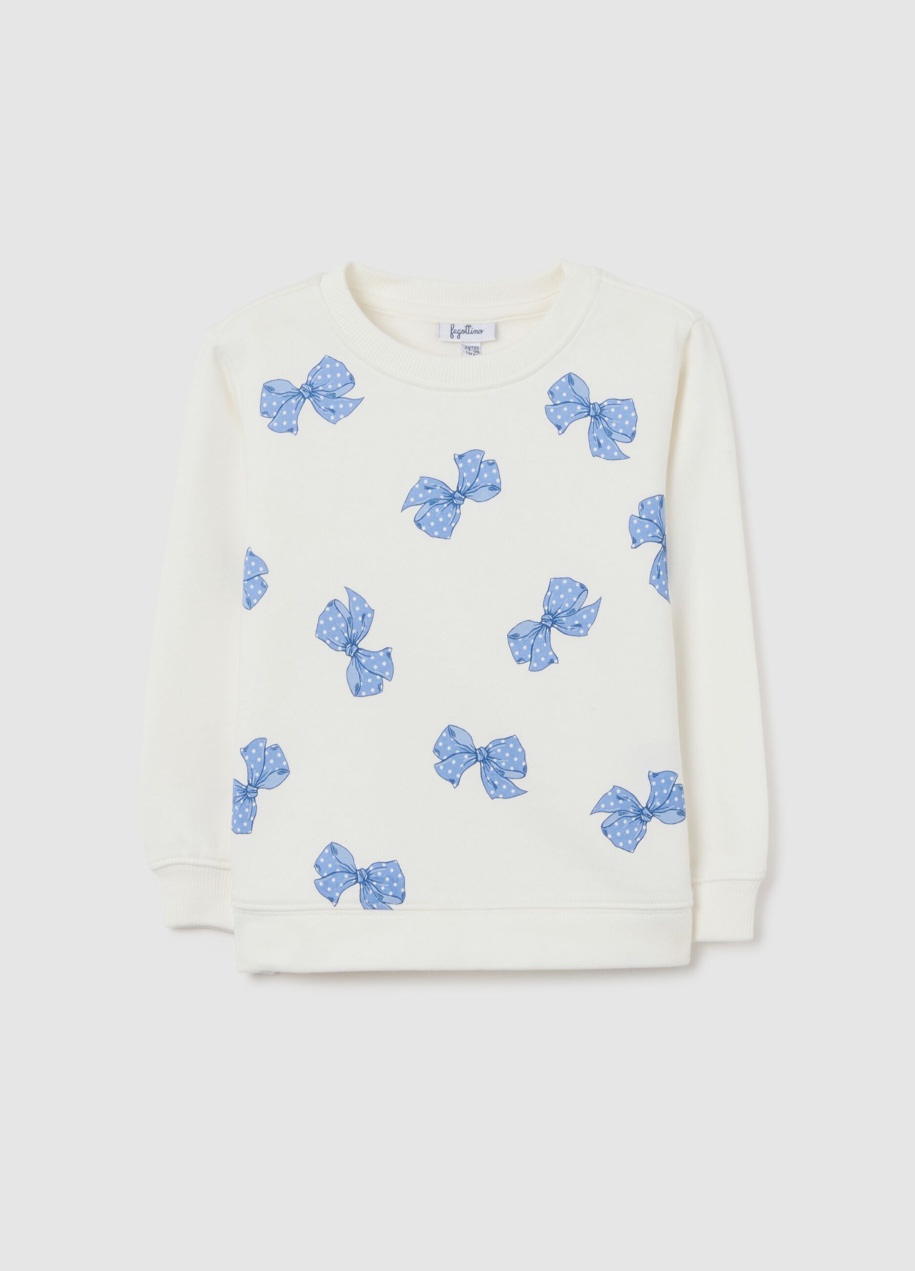Girls' white sweatshirt in pure cotton with bow print