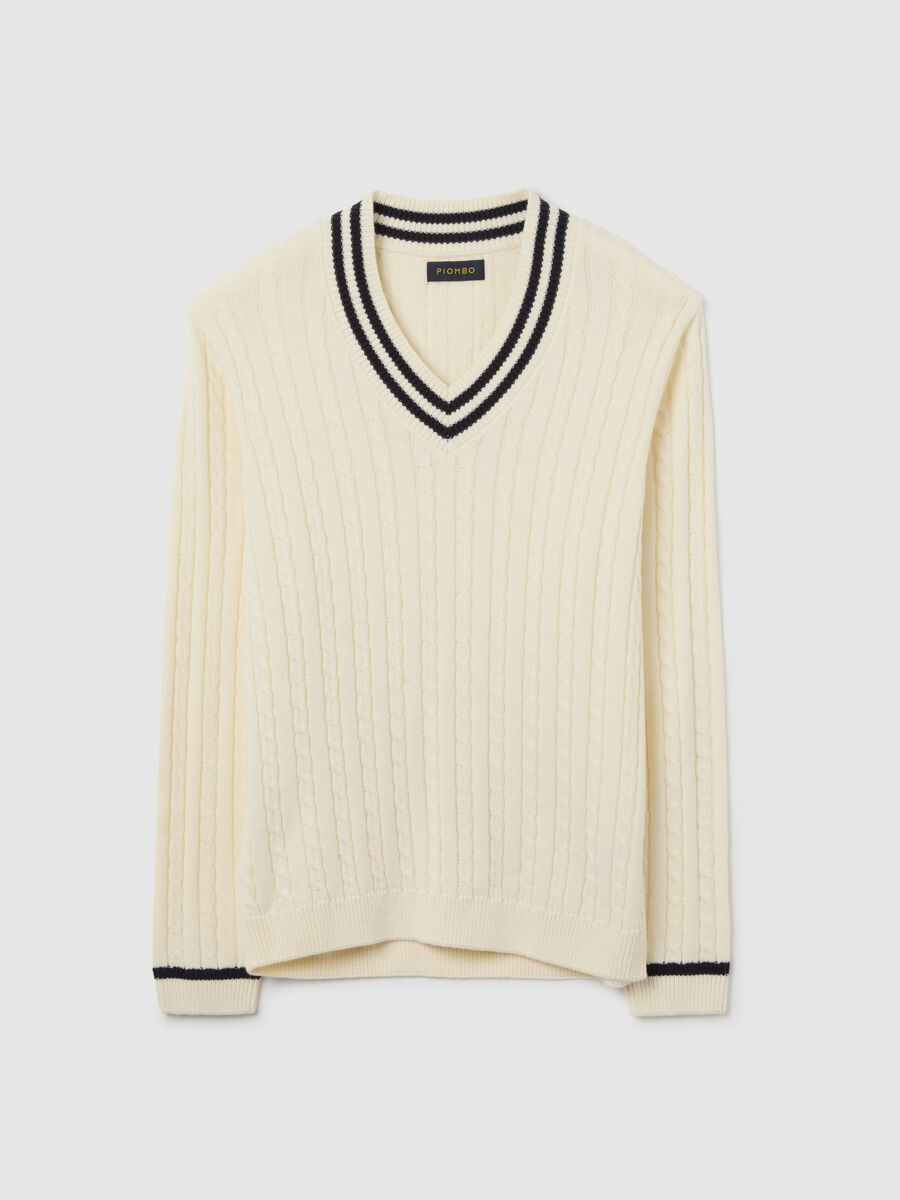 Regular fit white sweater in cotton blend with V-neck_4