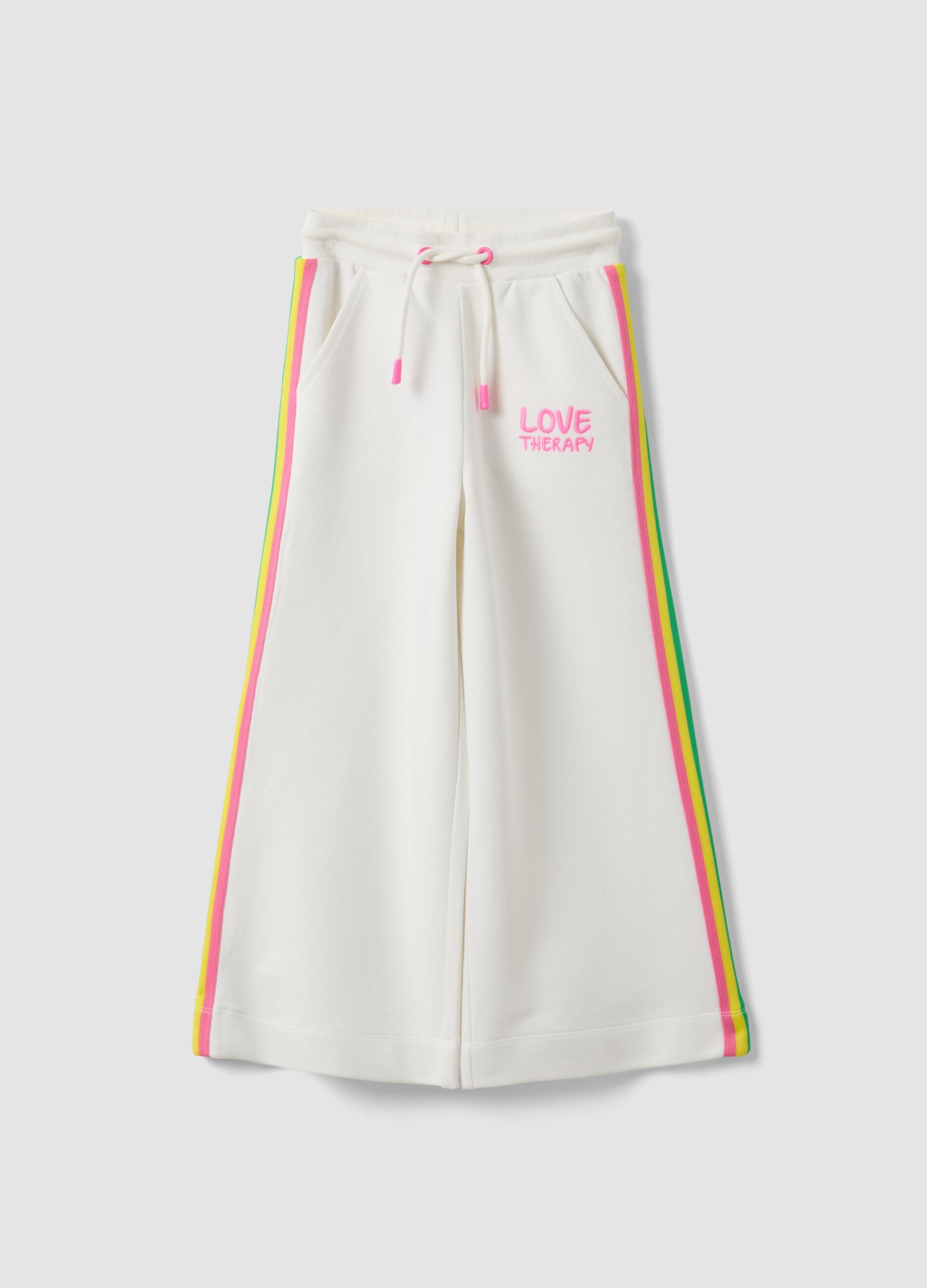 Pantaloni bianchi wide leg in misto cotone con profili arcobaleno