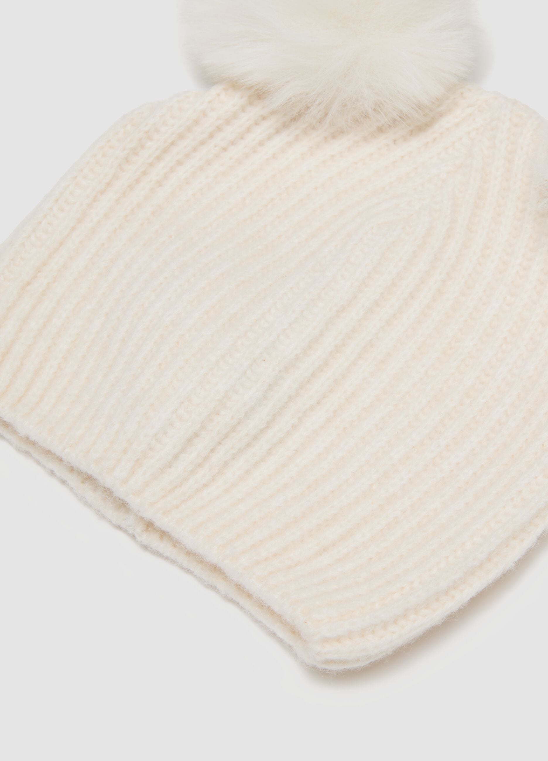 White ribbed wool-blend beanie with two pom-poms