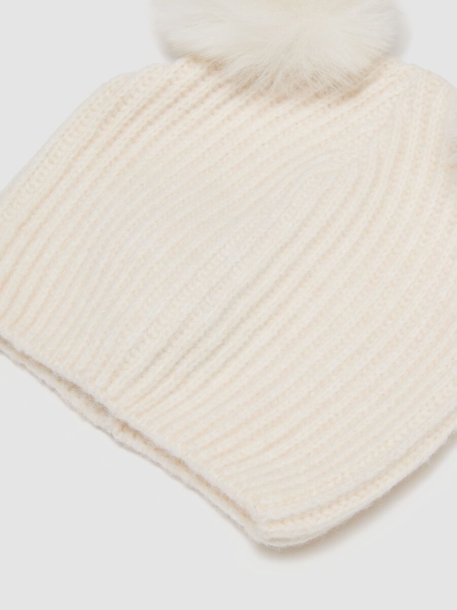 White ribbed wool-blend beanie with two pom-poms_1