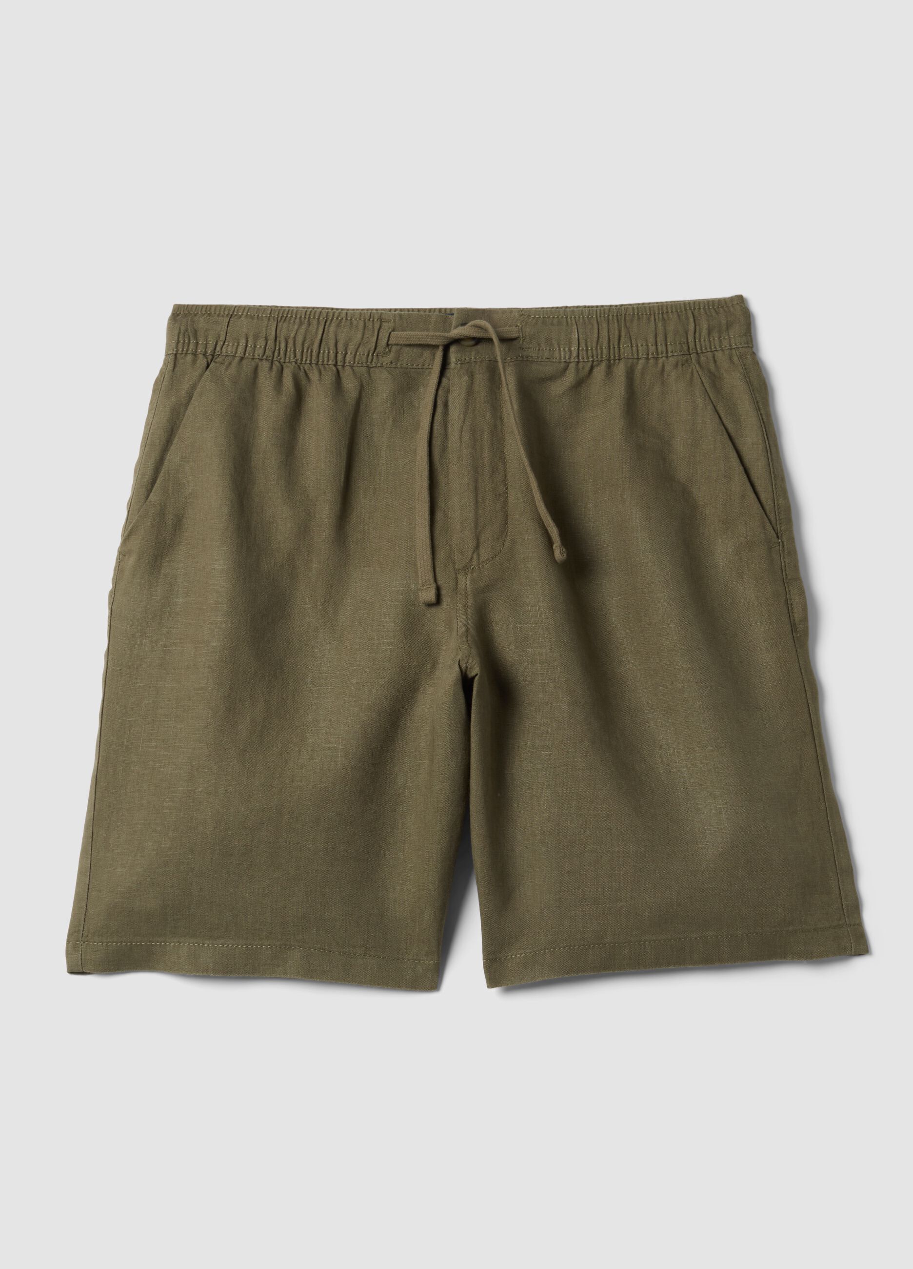 Green pure linen Bermuda shorts with elasticated waist