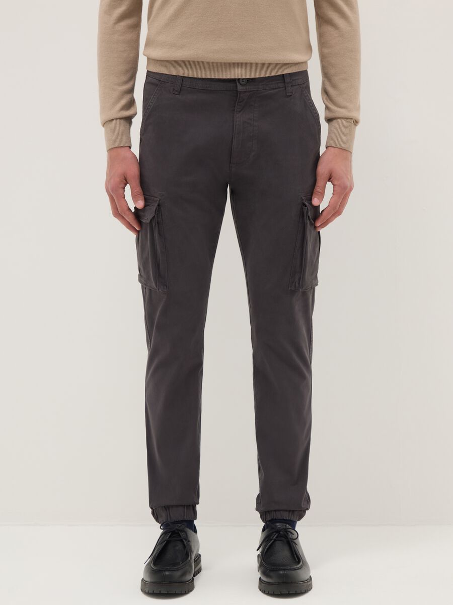 Grey slim fit stretch cotton cargo trousers_1