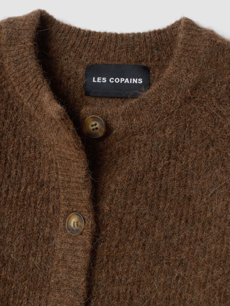 Brown stretchy wool and alpaca crew-neck cardigan_1