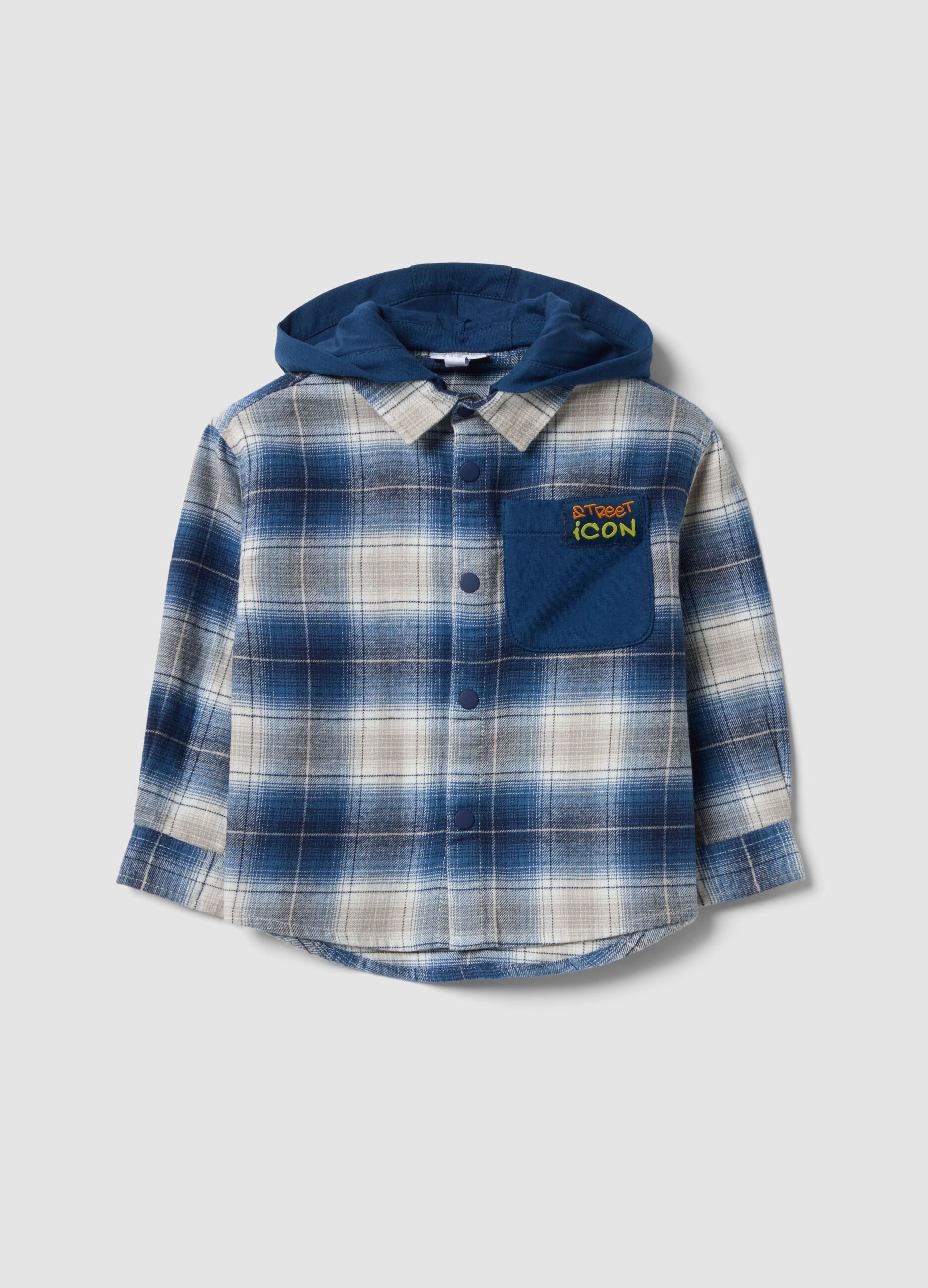 Blaue, karierte Oversize-Hemdjacke mit Kapuze aus reiner Baumwolle f&uuml;r Baby-Jungen