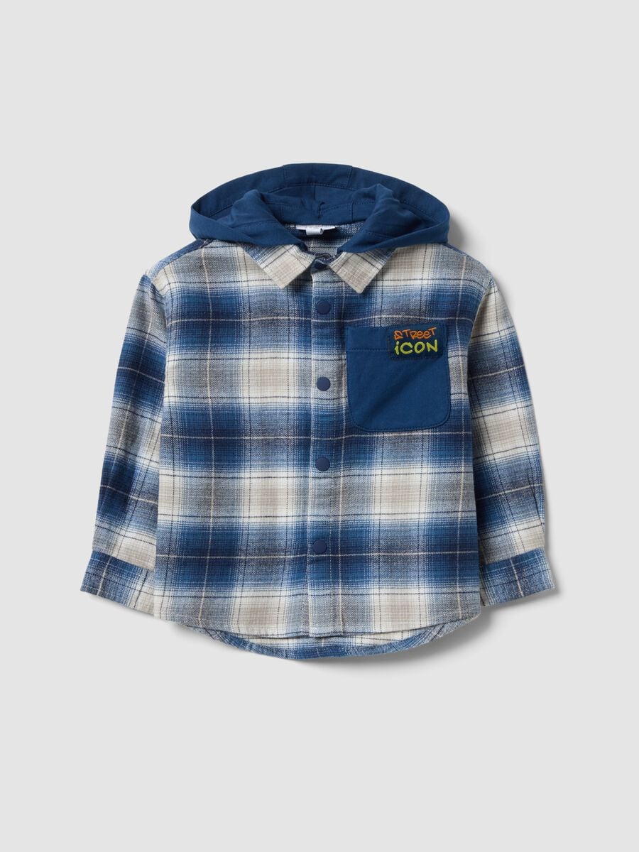 Blaue, karierte Oversize-Hemdjacke mit Kapuze aus reiner Baumwolle f&uuml;r Baby-Jungen_0