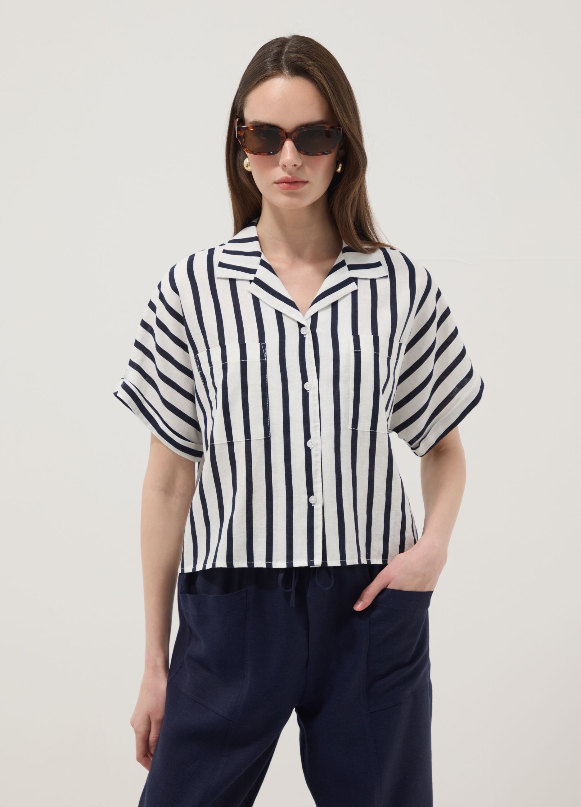 Multicolour striped regular-fit linen and viscose blend shirt