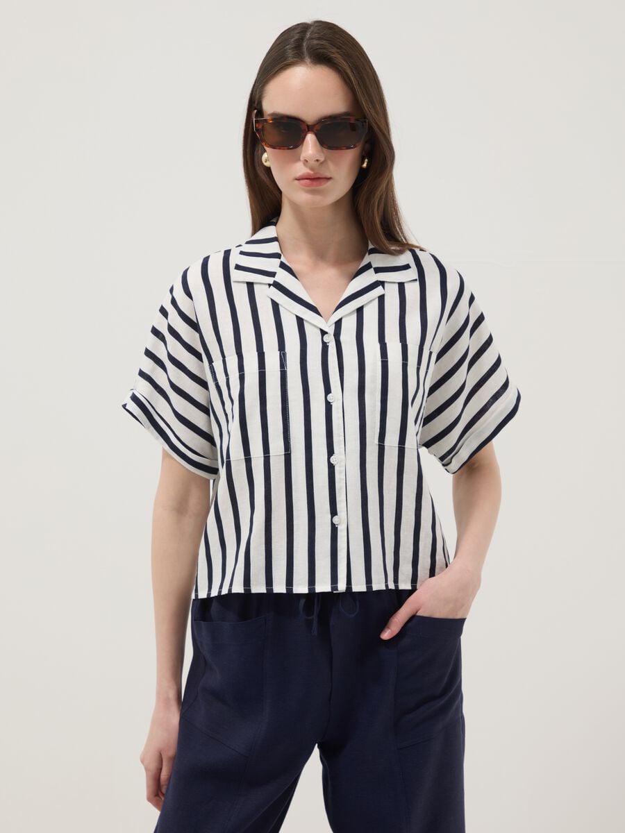 Multicolour striped regular-fit linen and viscose blend shirt_0